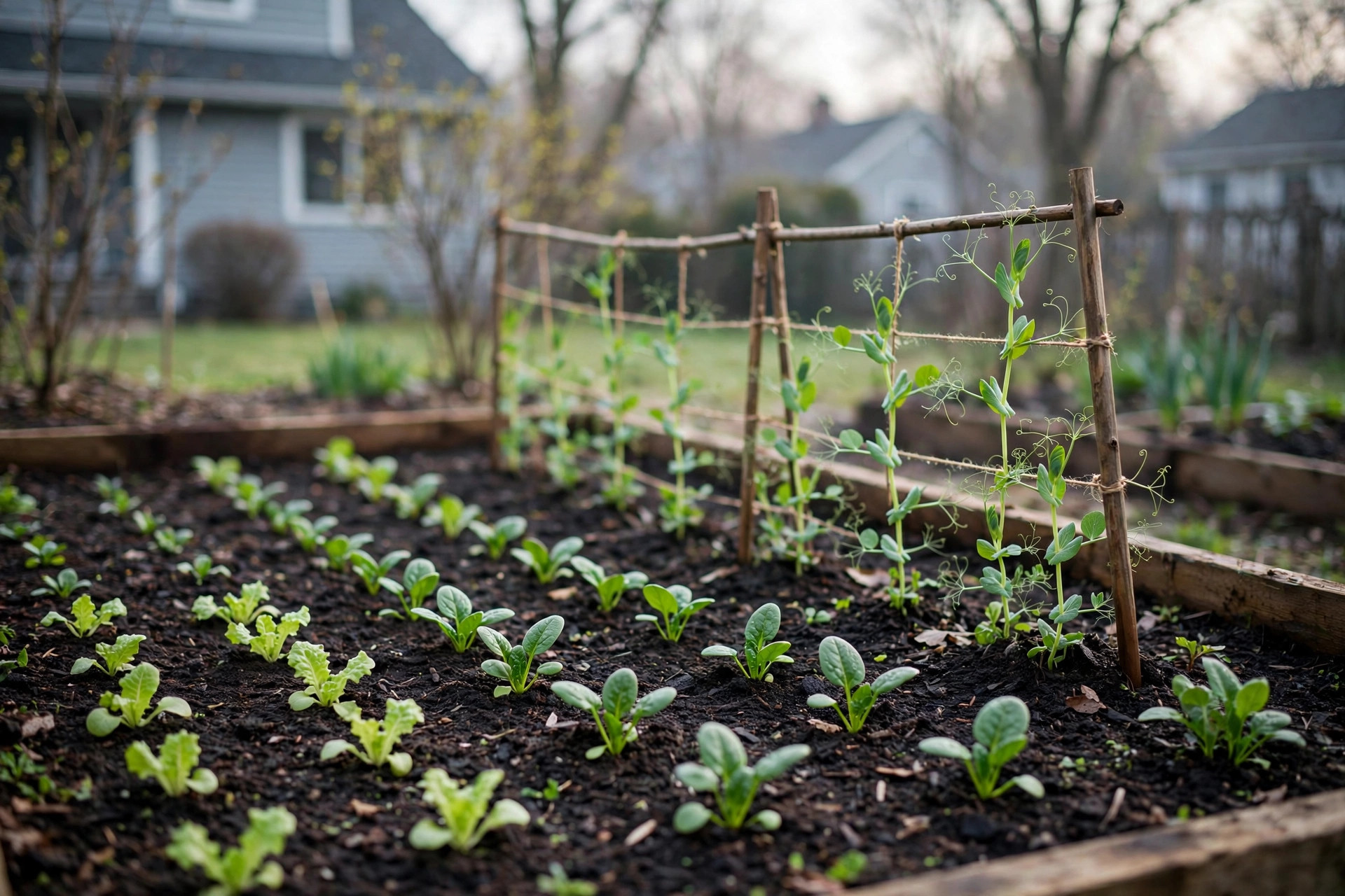 Cold hardy vegetables for spring planting growing in a garden bed
