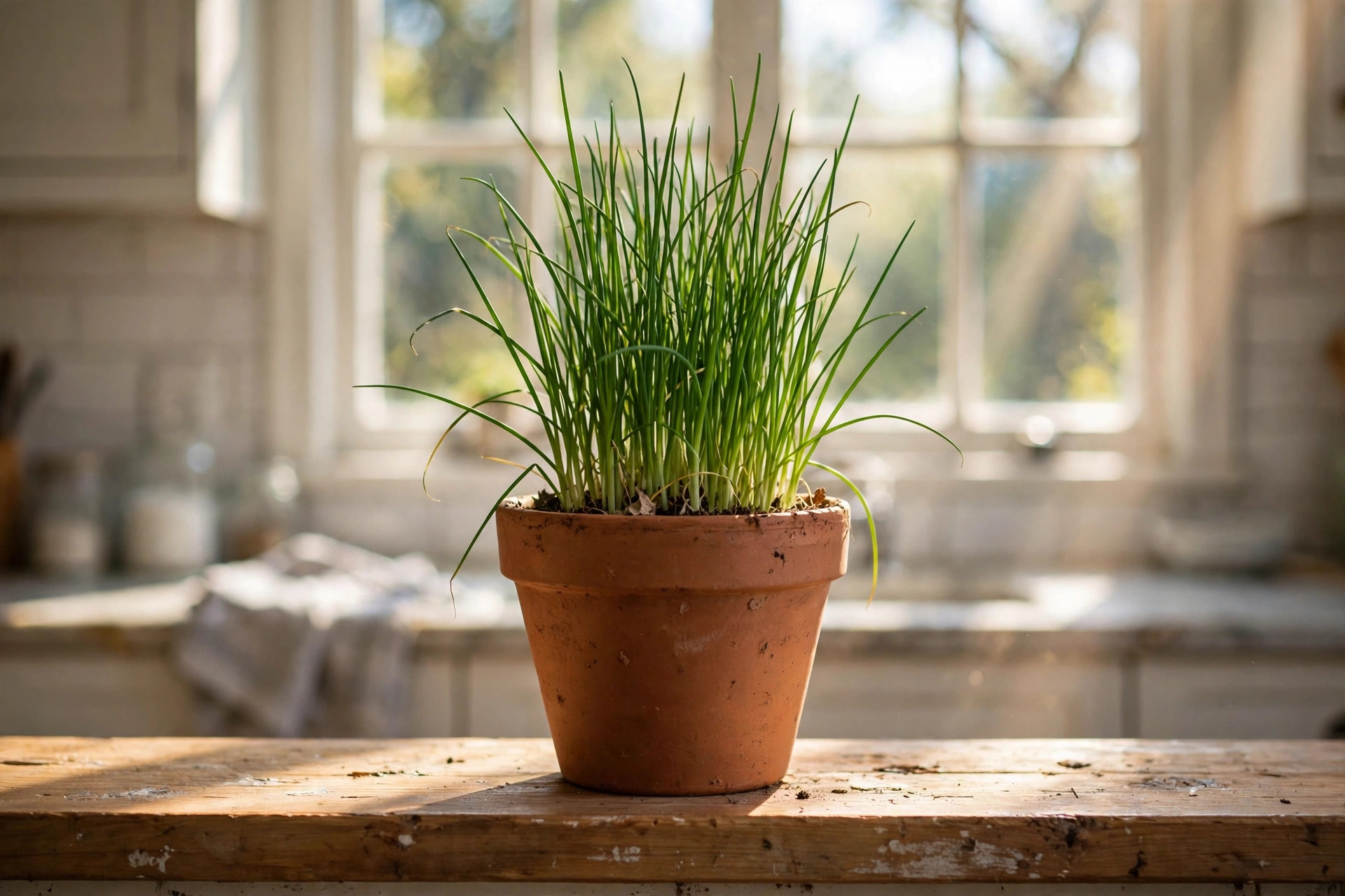 how to grow chives indoors pots: Chives growing in pots on a kitchen windowsill