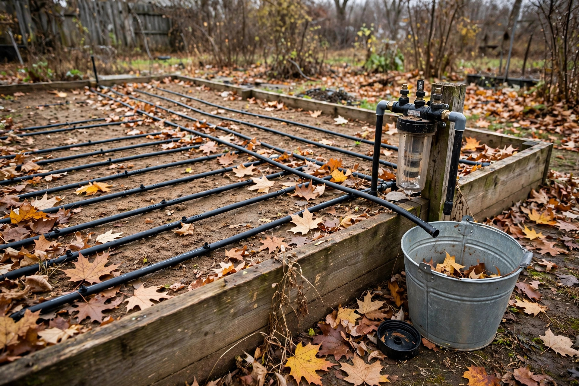 Drip irrigation winterization steps for garden shown on a raised bed