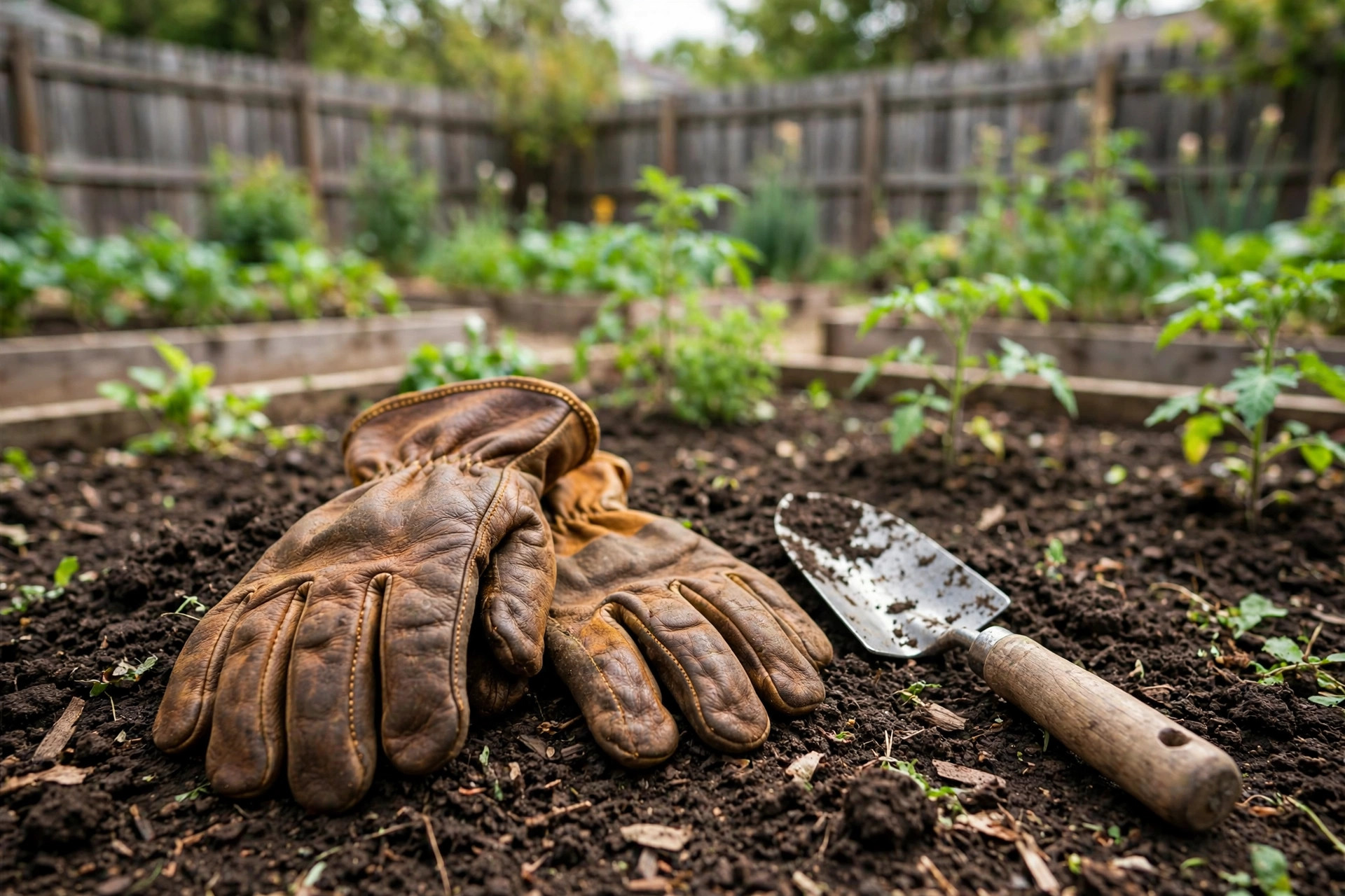 best garden gloves for digging reviews: Pair of garden gloves for digging shown in a home garden setting