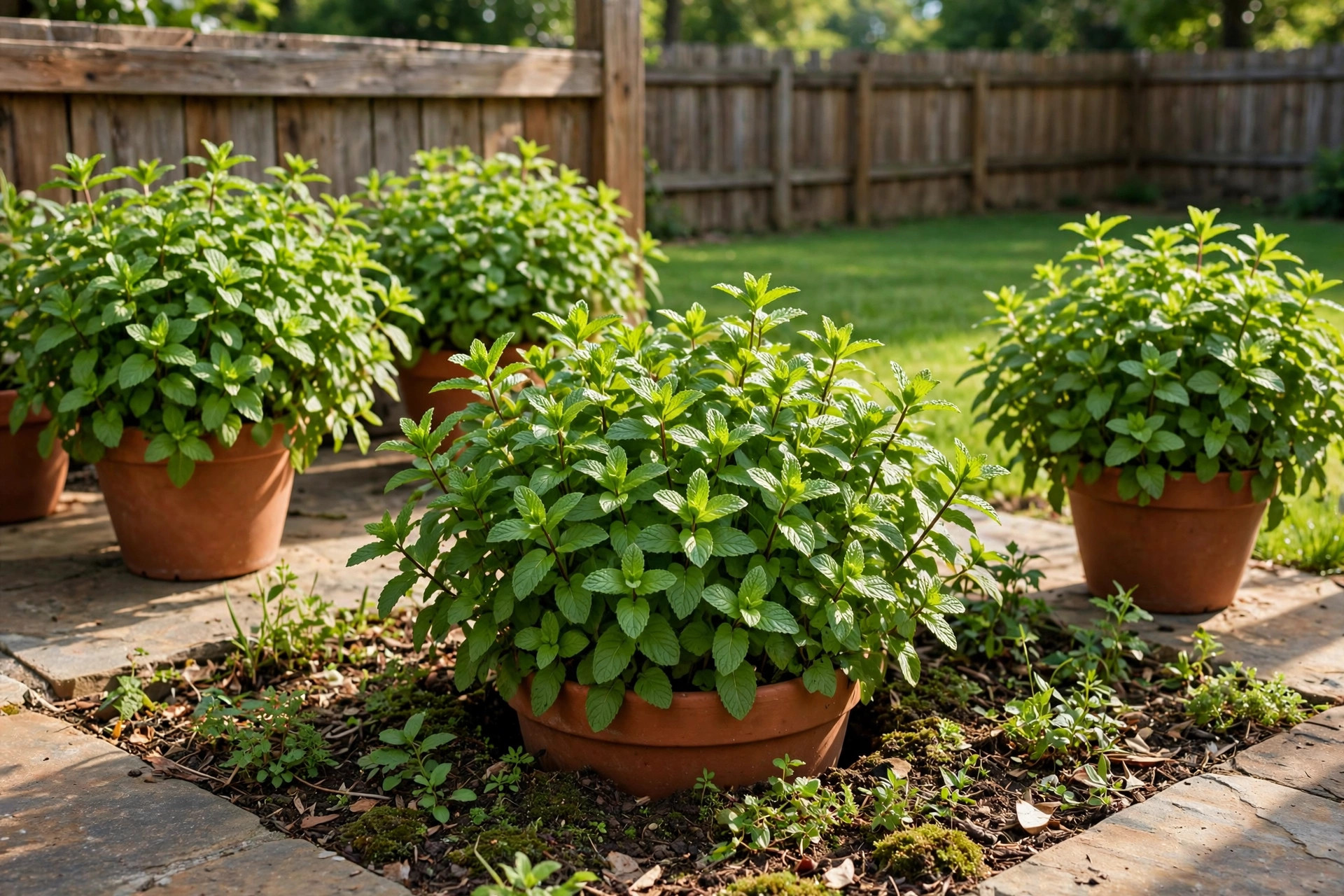 Potted mint plants in terracotta containers on a sunny patio showing how to grow mint without spreading