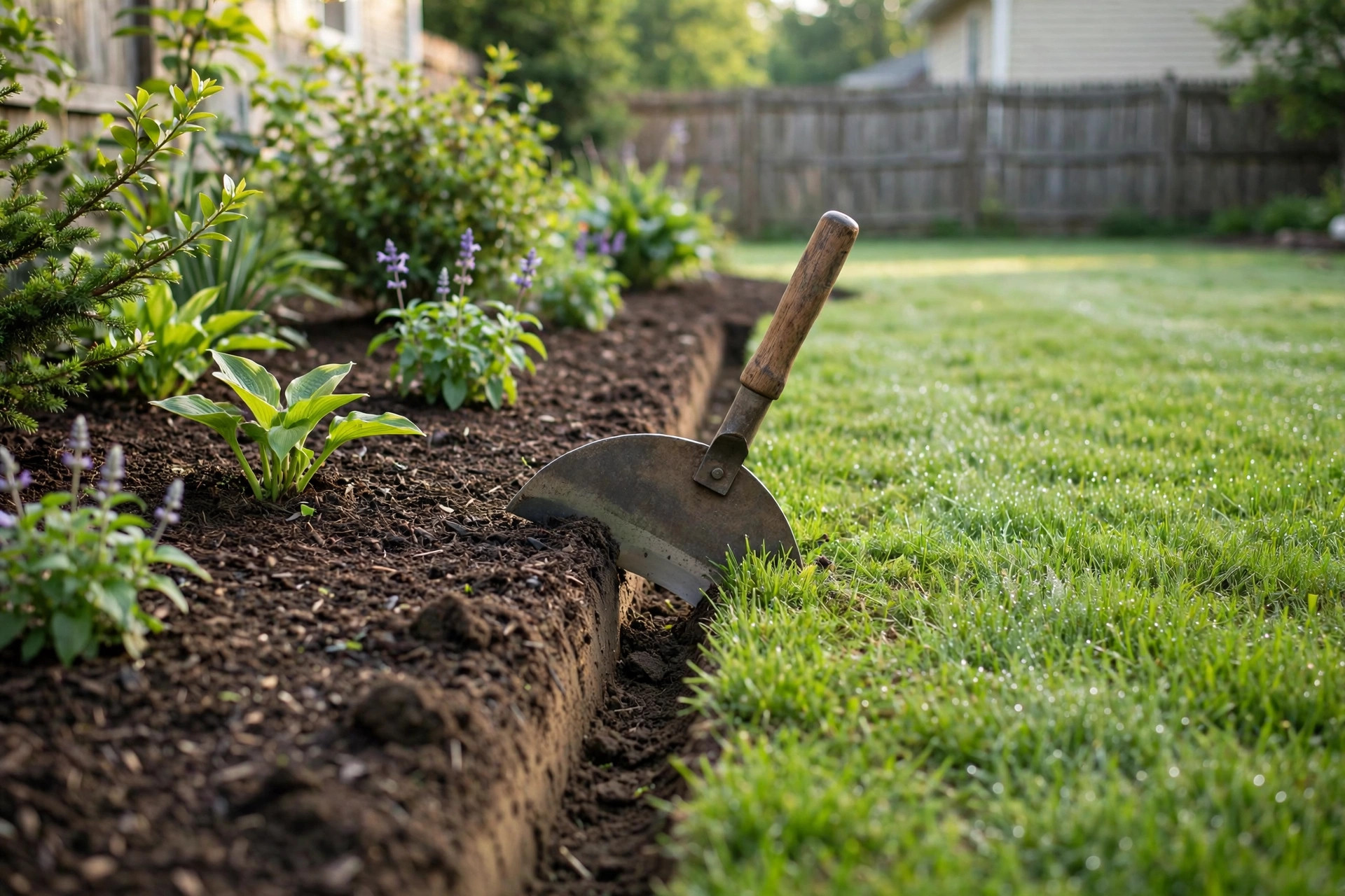 A fresh clean edge along a mulched garden bed, with the best garden tool for edging beds resting by the cut line