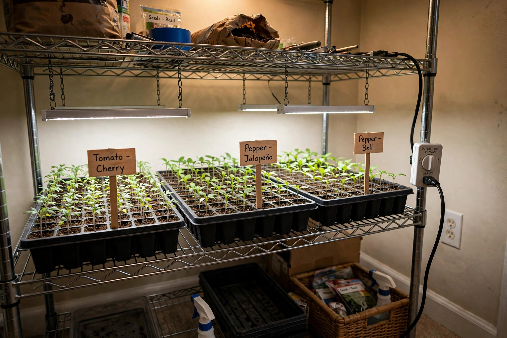 Seed starting under lights schedule setup with trays under grow lamps