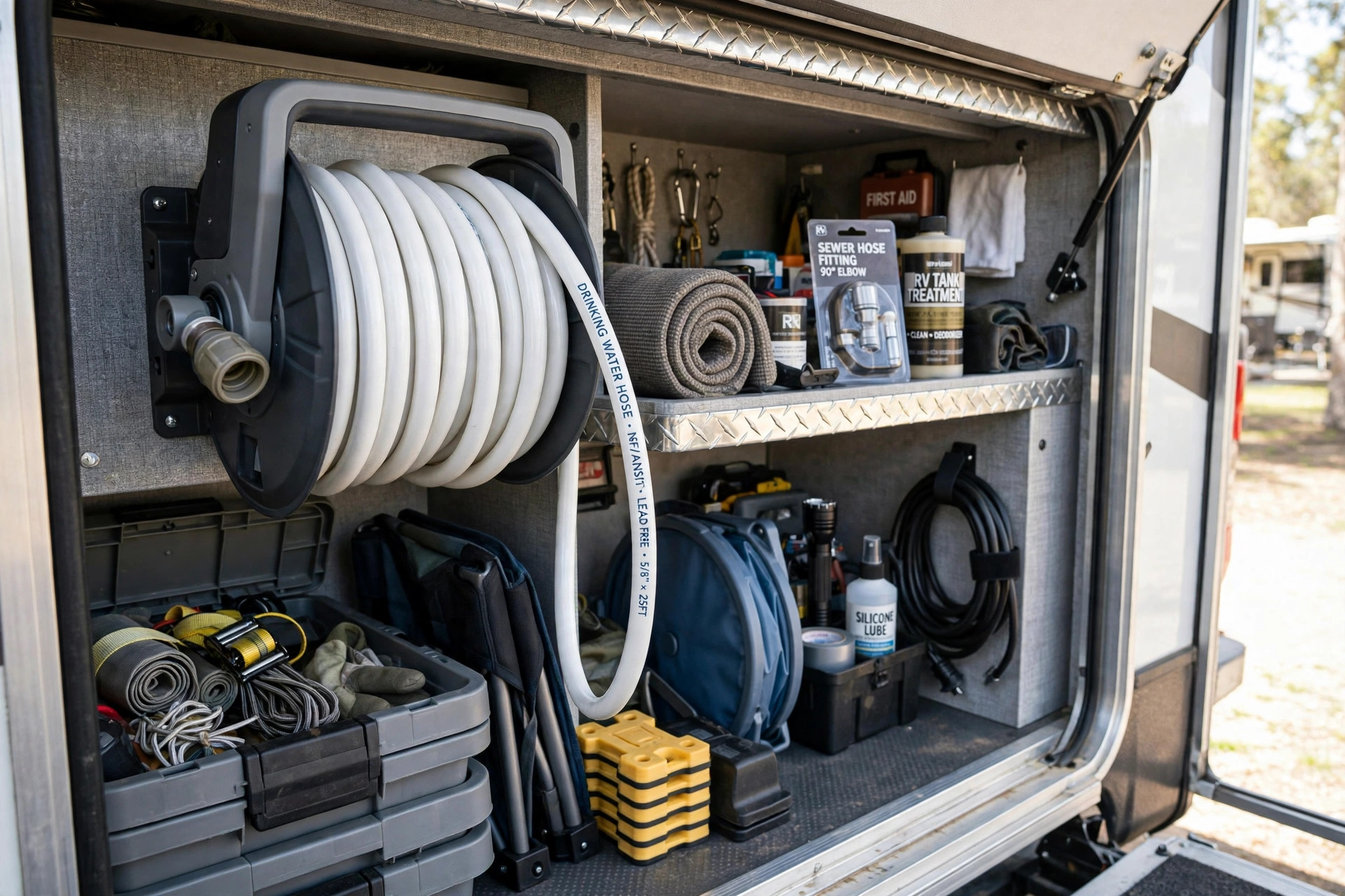 Best garden hose reel for RV mounted inside a storage bay