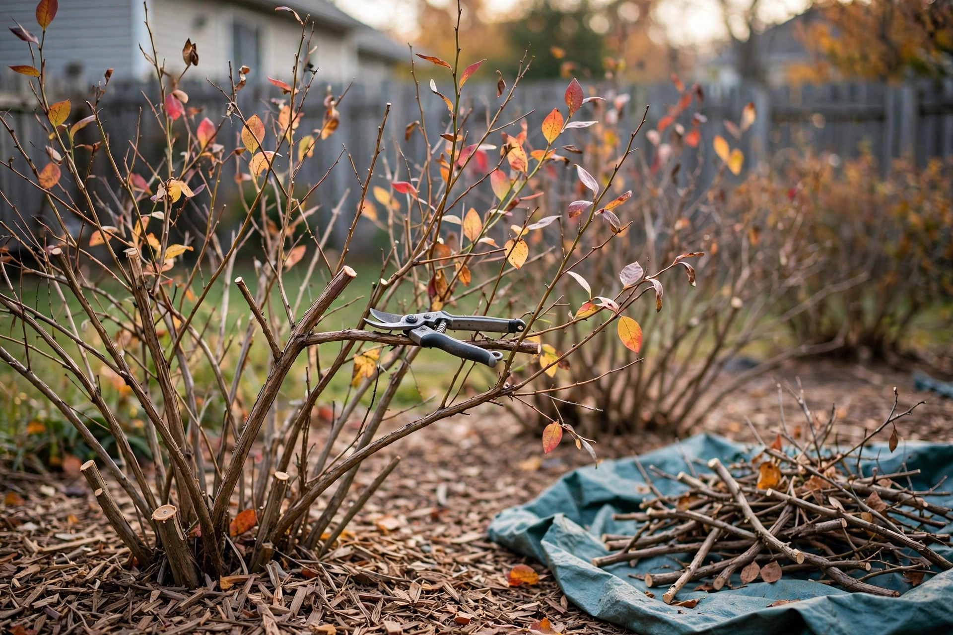 how to prune blueberry bushes fall: Pruning blueberry bushes in fall with sharp hand pruners