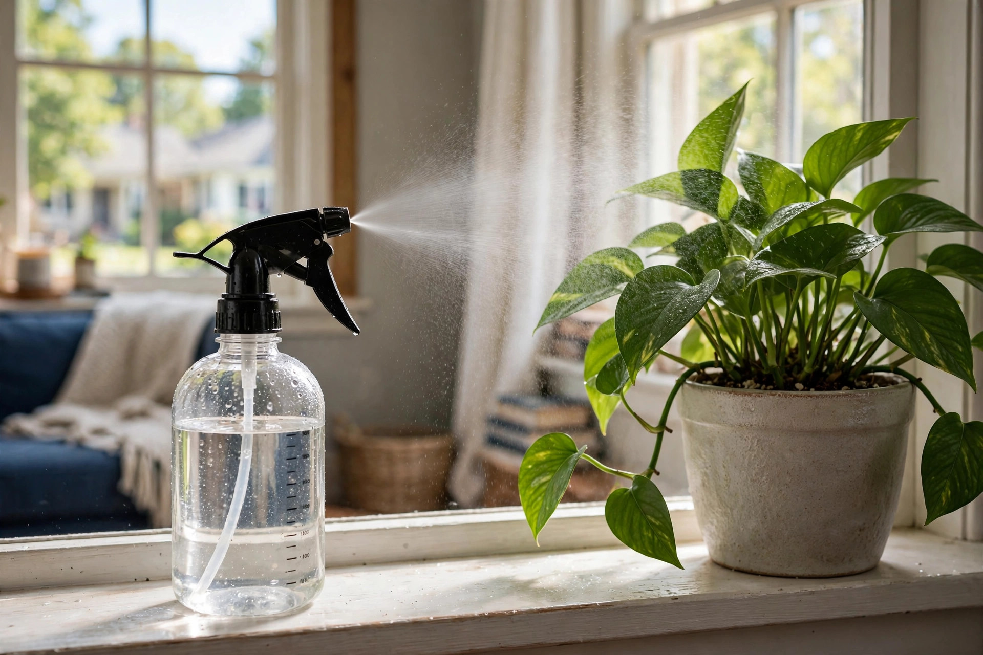 best garden sprayer for indoor plants misting a potted houseplant in a bright living room