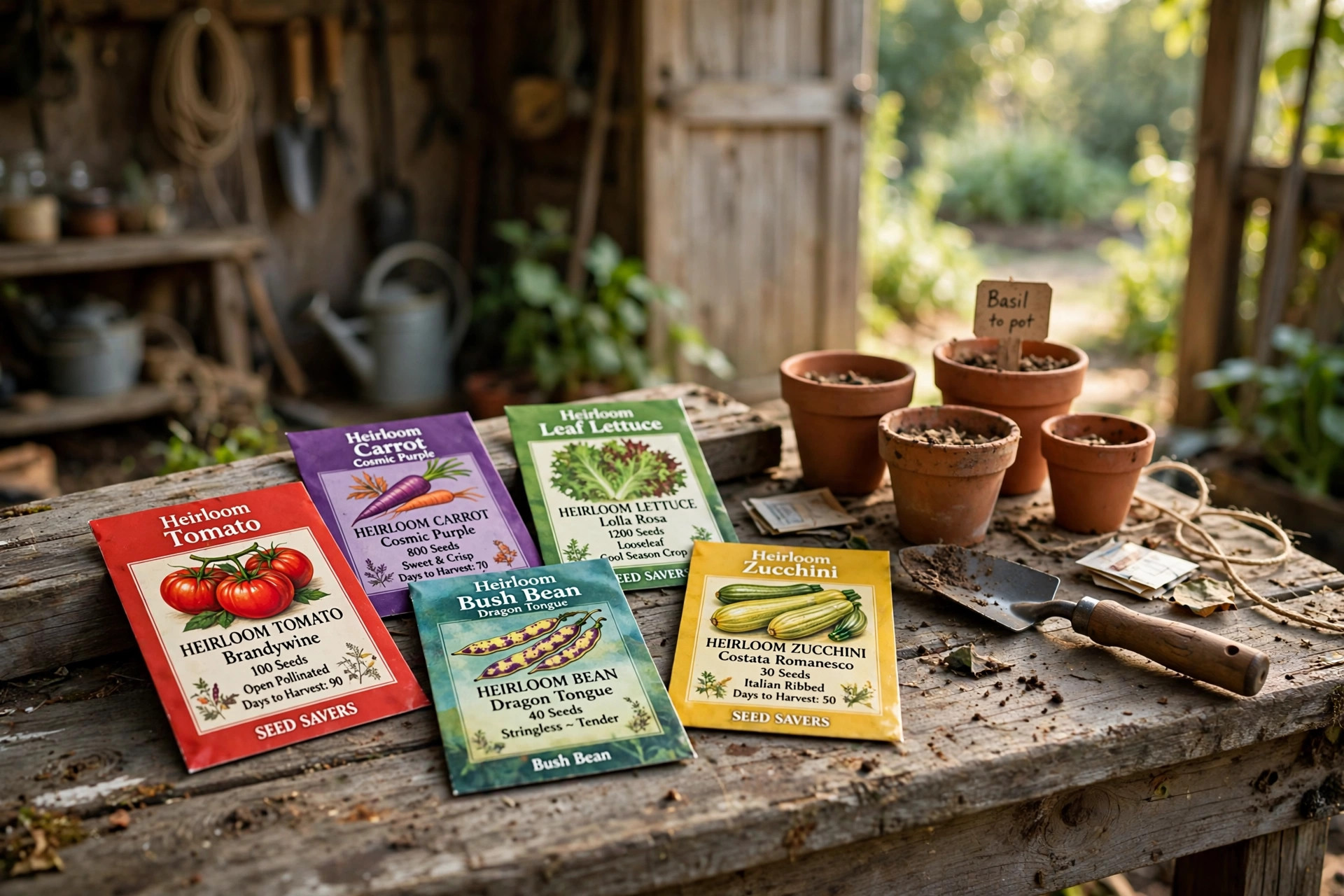 heirloom vegetable seeds buying guide usa: Packets of heirloom vegetable seeds on a garden workbench
