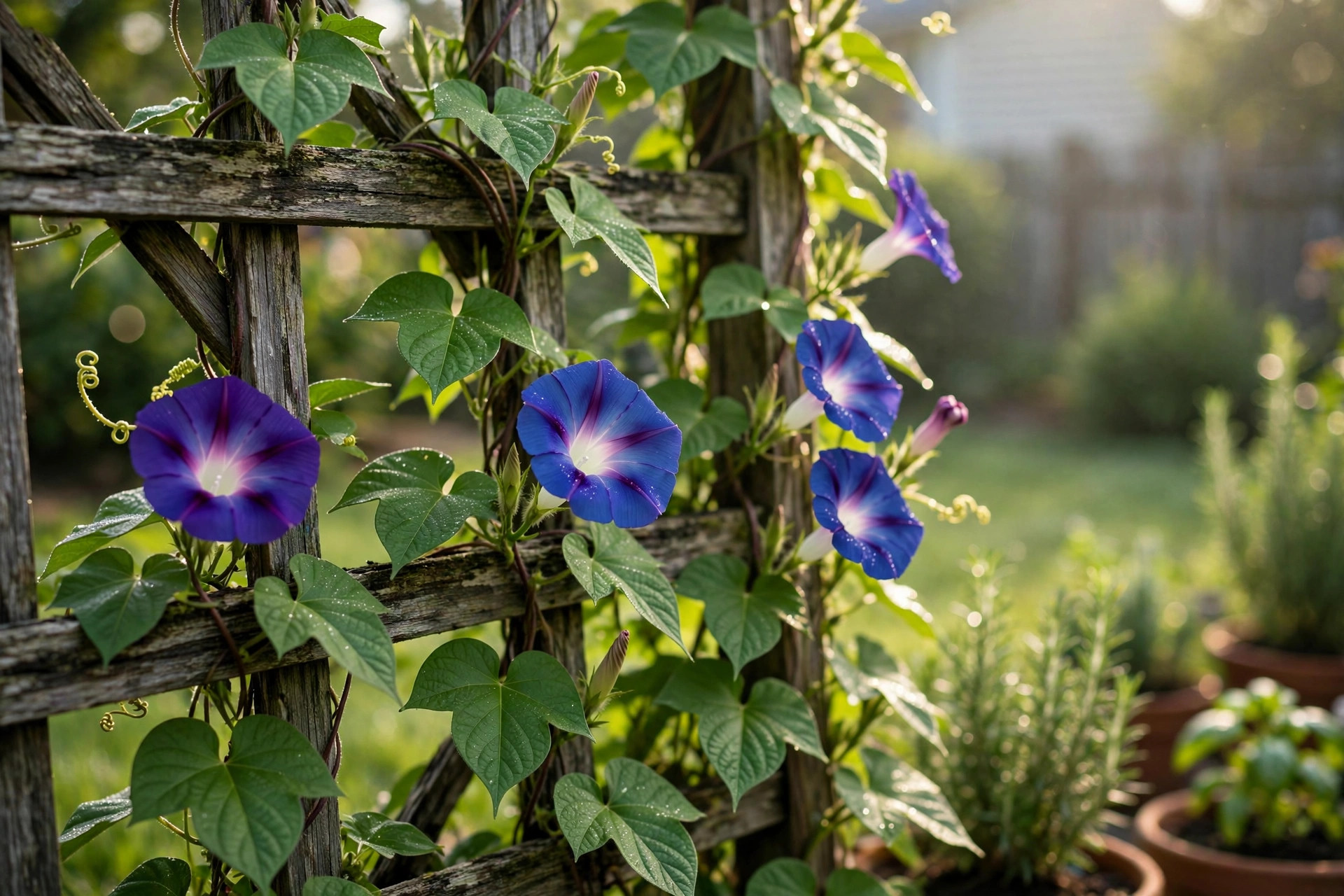 morning glory seeds buying guide usa: Blooming morning glory flowers on a wooden trellis in a sunny backyard garden