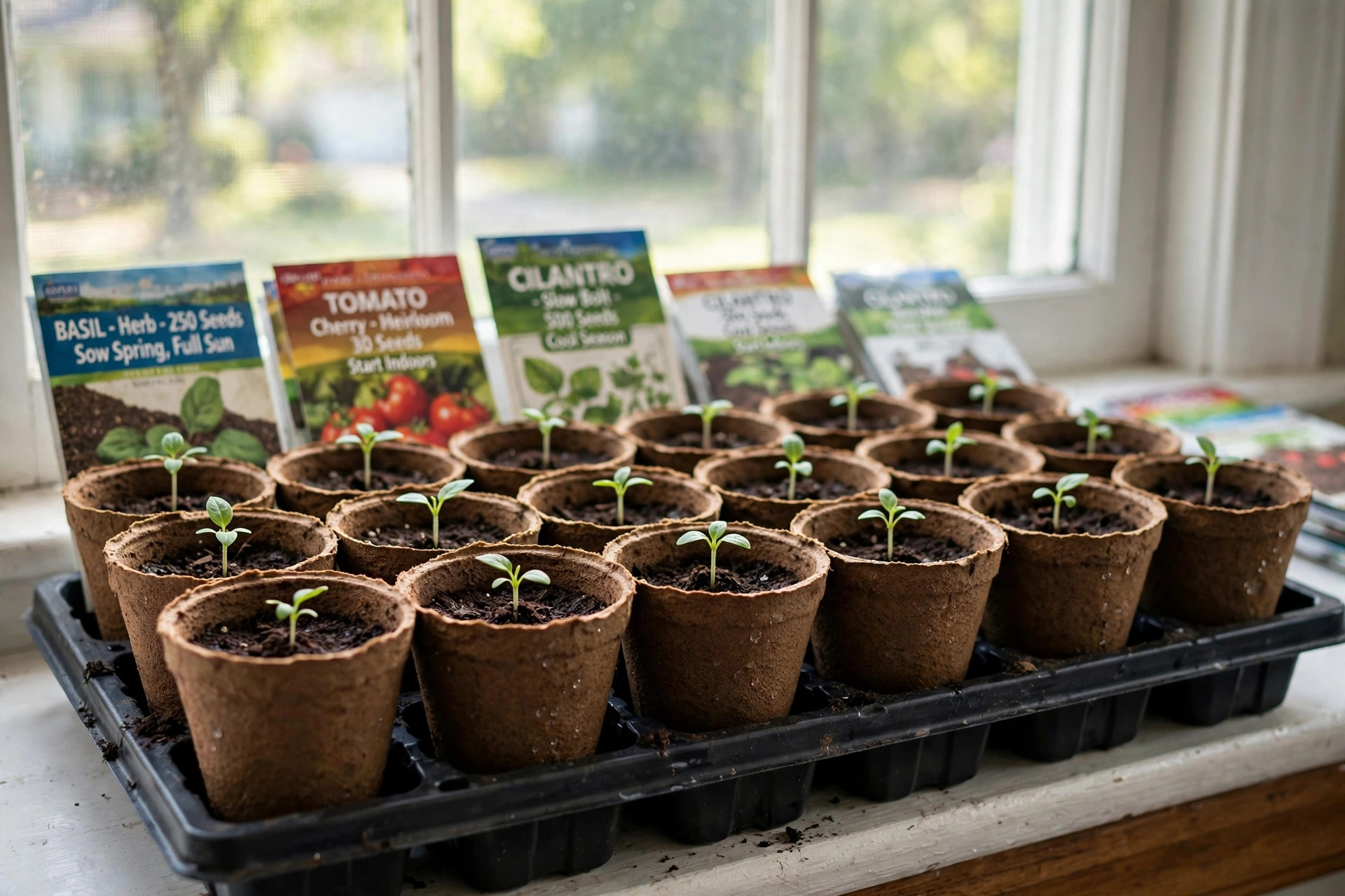 peat pots seedlings buying guide usa: Peat pots holding young seedlings on a bright windowsill