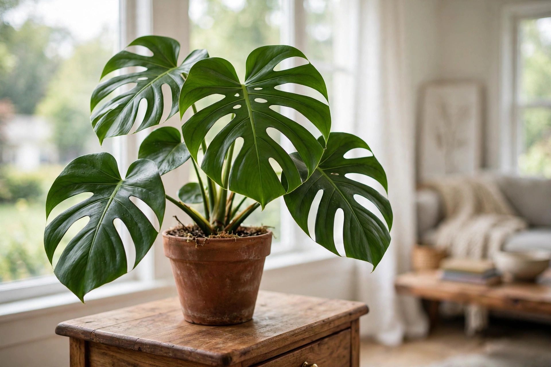 Monstera deliciosa leaves with split foliage in a bright living room, monstera plants sale buying guide usa