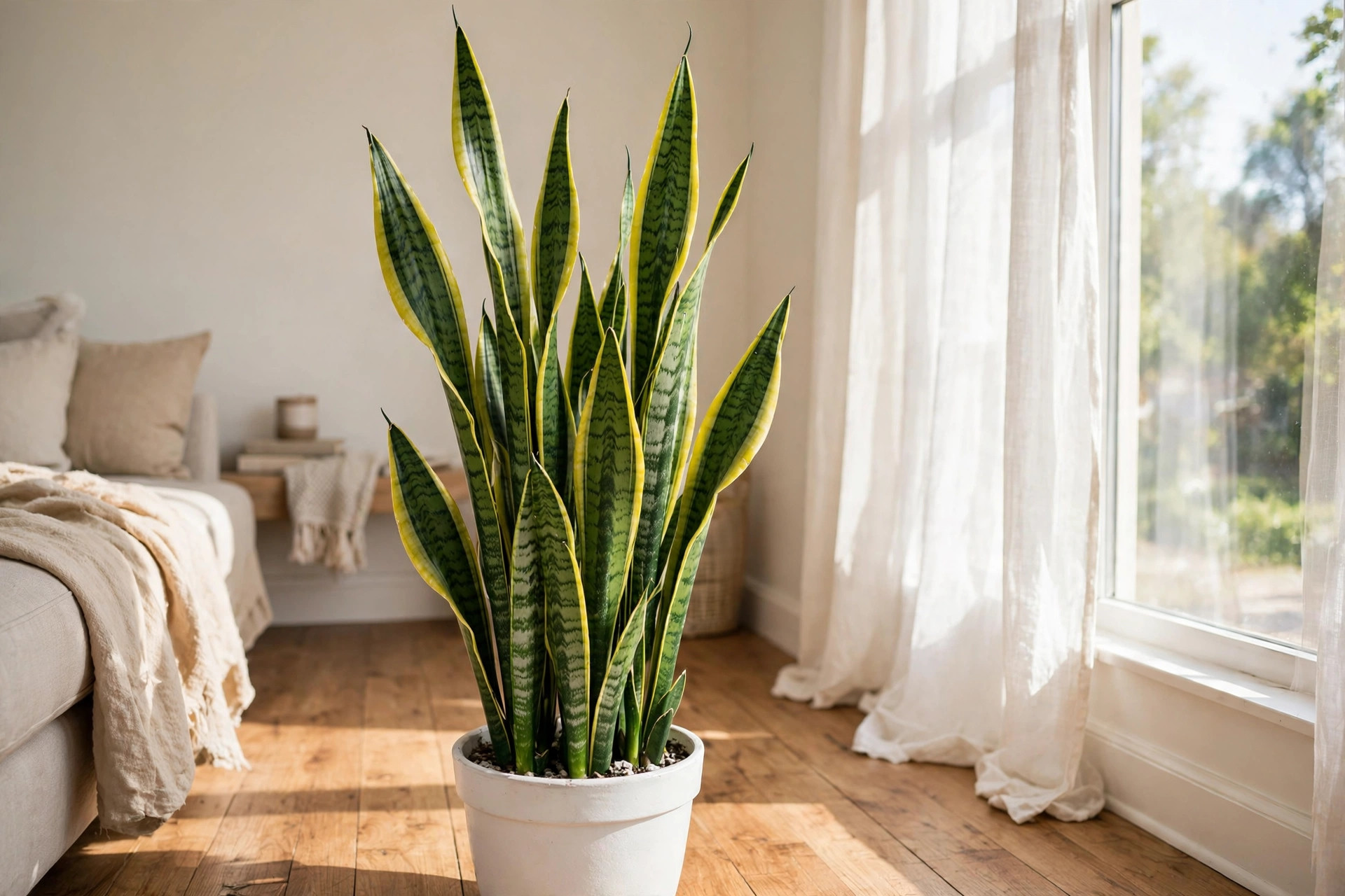 Tall snake plant with upright leaves in a white pot by a sunny window, from this snake plants indoor buying guide usa