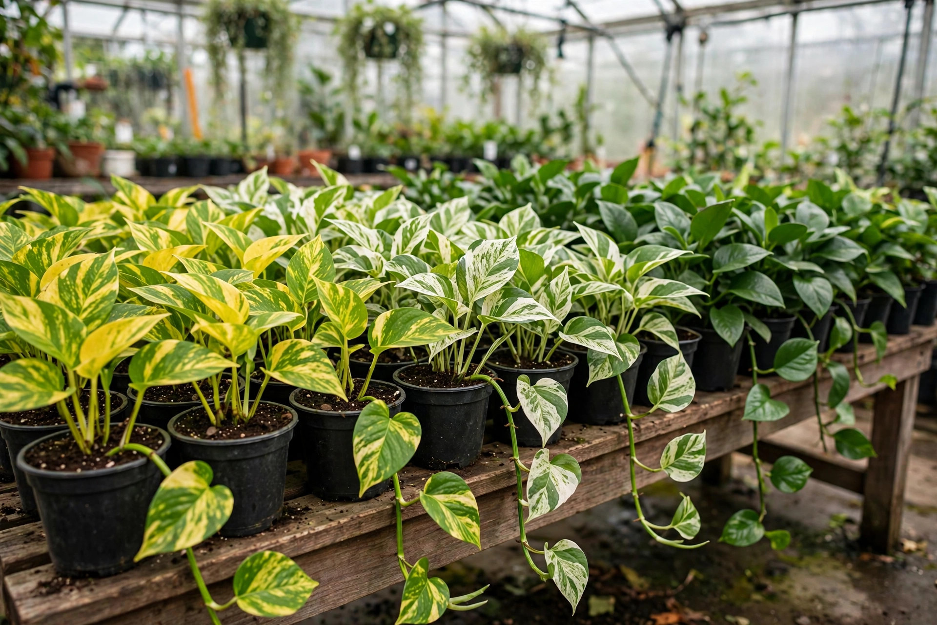 pothos plants bulk buying guide usa: Bulk pothos plants in nursery pots on a garden bench