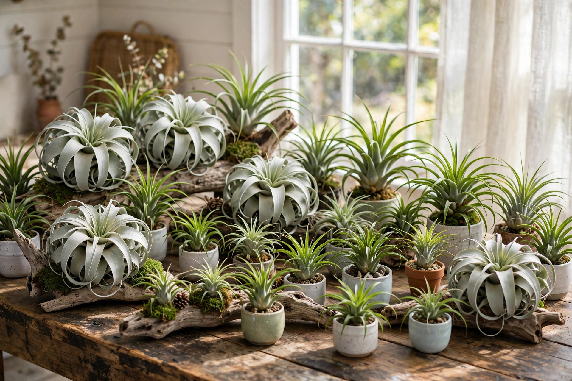 air plants bulk buying guide usa: Bulk air plants arranged on a wooden table in a bright home