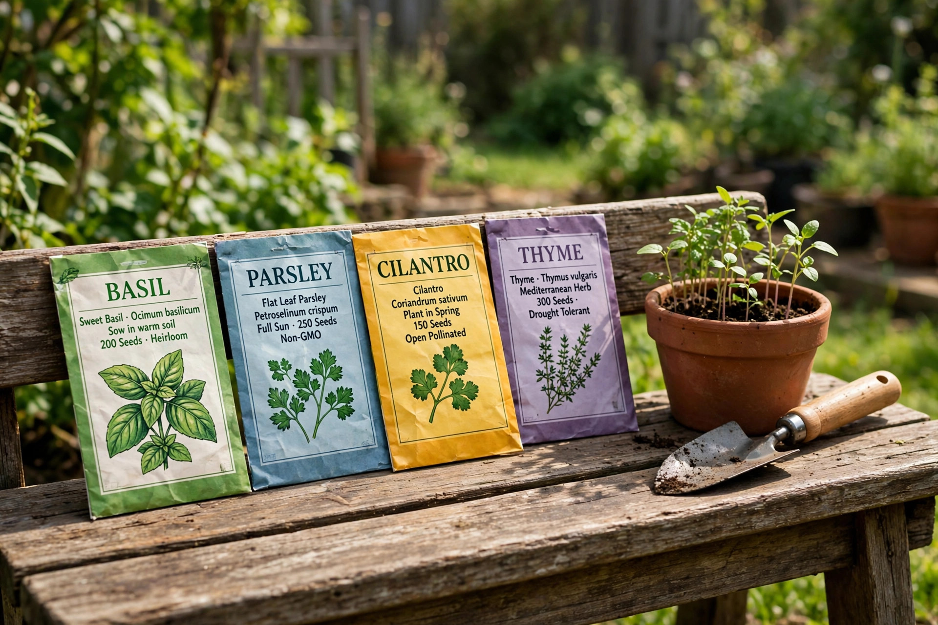 Packets of organic herb seeds for sale usa laid out on a wooden garden bench