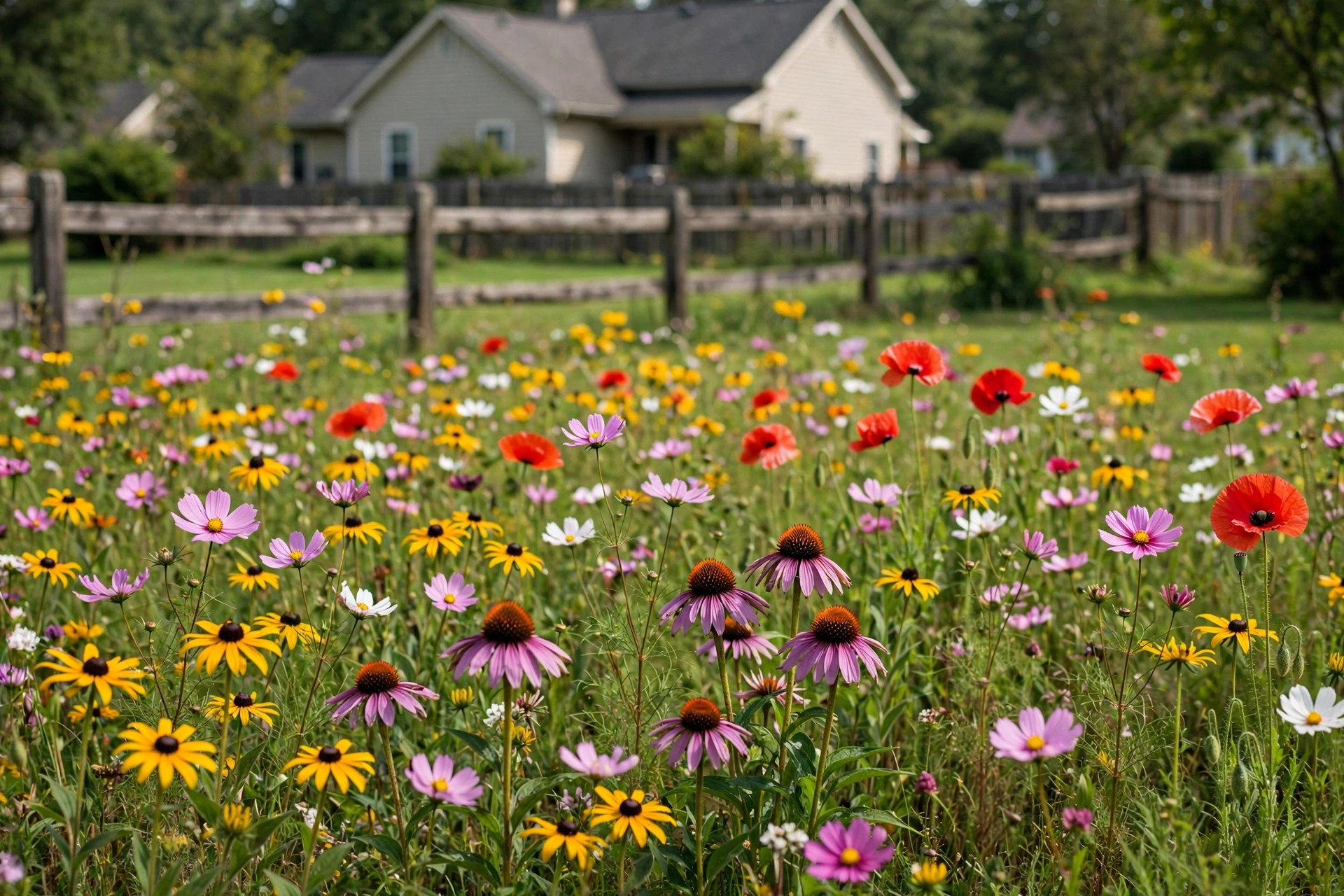 A sunny meadow of colorful wildflowers planted from wildflower seed mixes for sale USA
