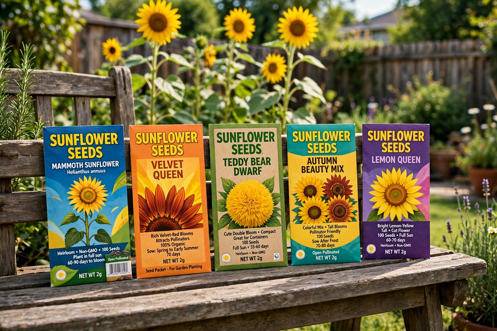 Sunflower seed packs for sale USA arranged with blooming sunflowers