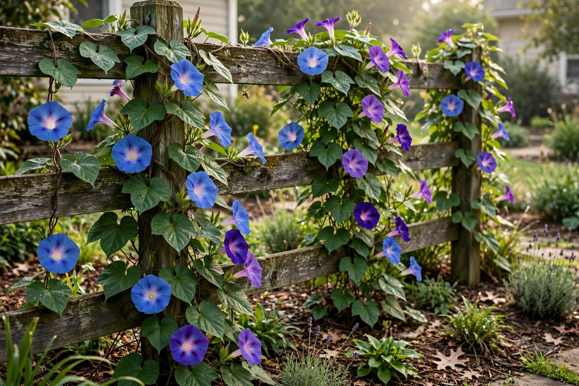 Morning glory seeds for sale usa planted along a wooden garden fence