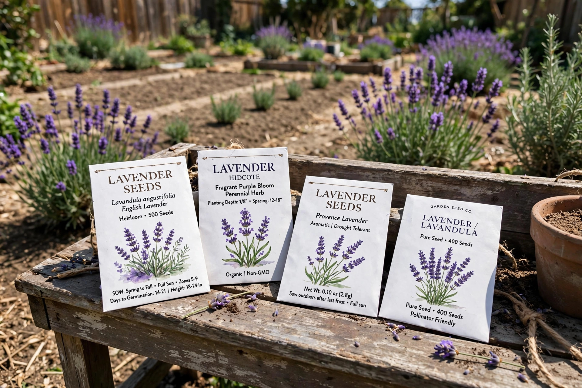 Lavender seed packets for sale USA arranged in a sunny garden