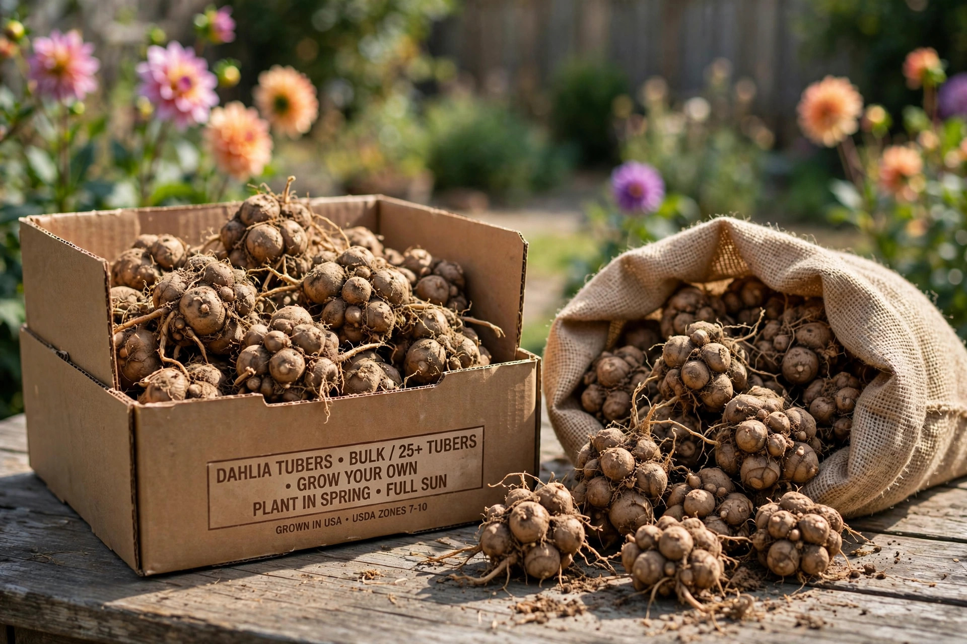 Dahlia tubers sold in bulk with blooming dahlias in a backyard garden - dahlia bulbs bulk for sale usa