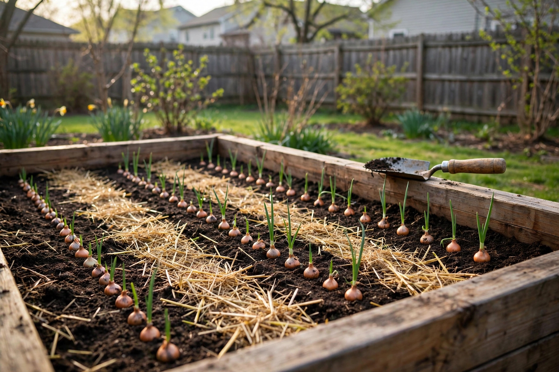Neat rows of freshly planted onion sets in a raised garden bed, onion sets planting for sale usa