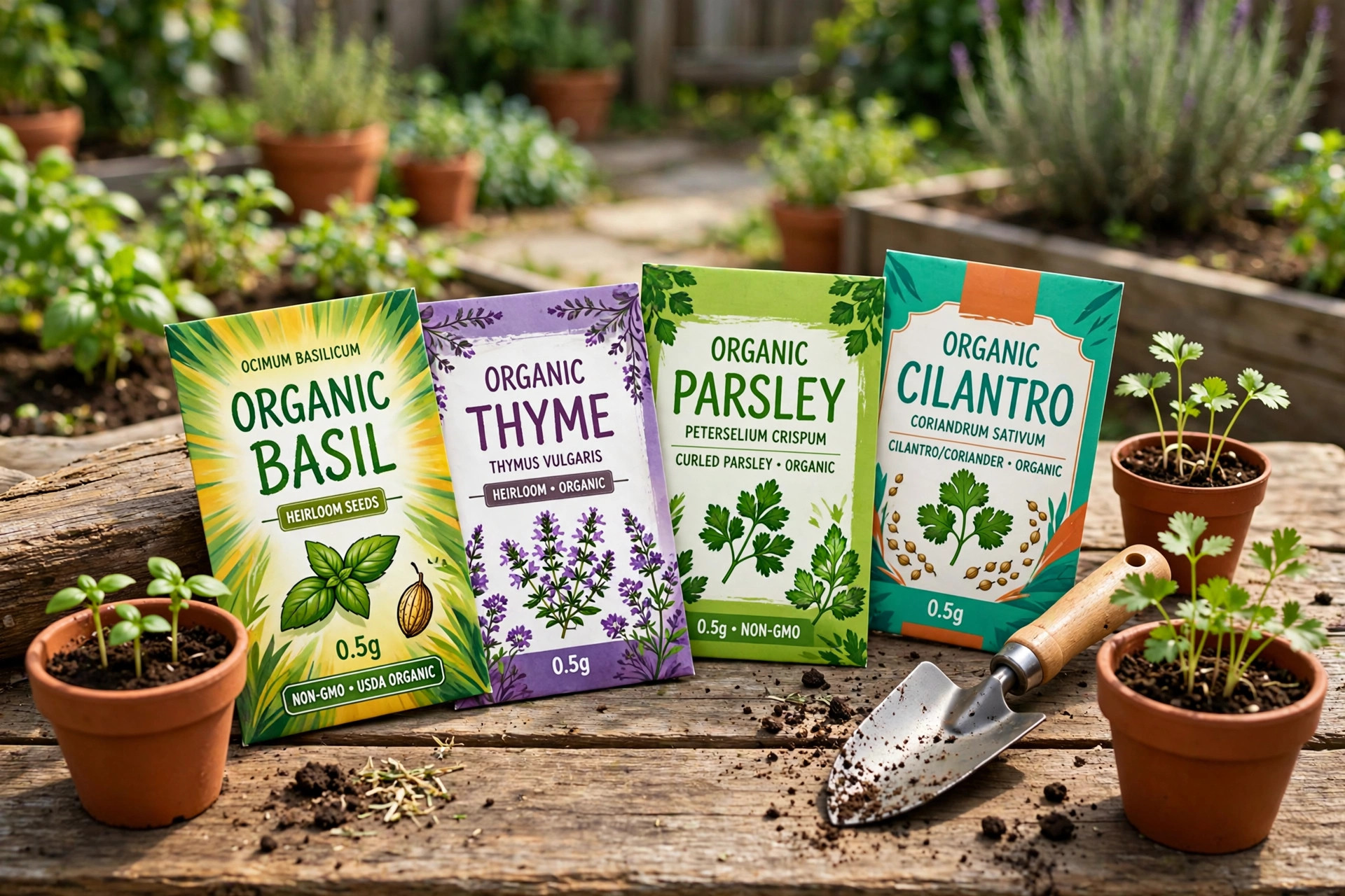 organic herb seeds deals near me: Packets of organic herb seeds arranged on a wooden table in a sunny garden