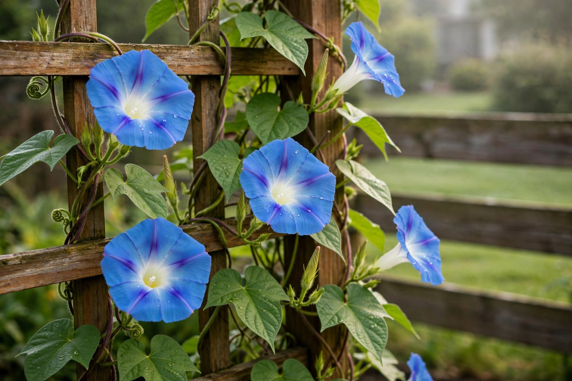morning glory seeds deals near me: Morning glory flowers blooming on a garden trellis