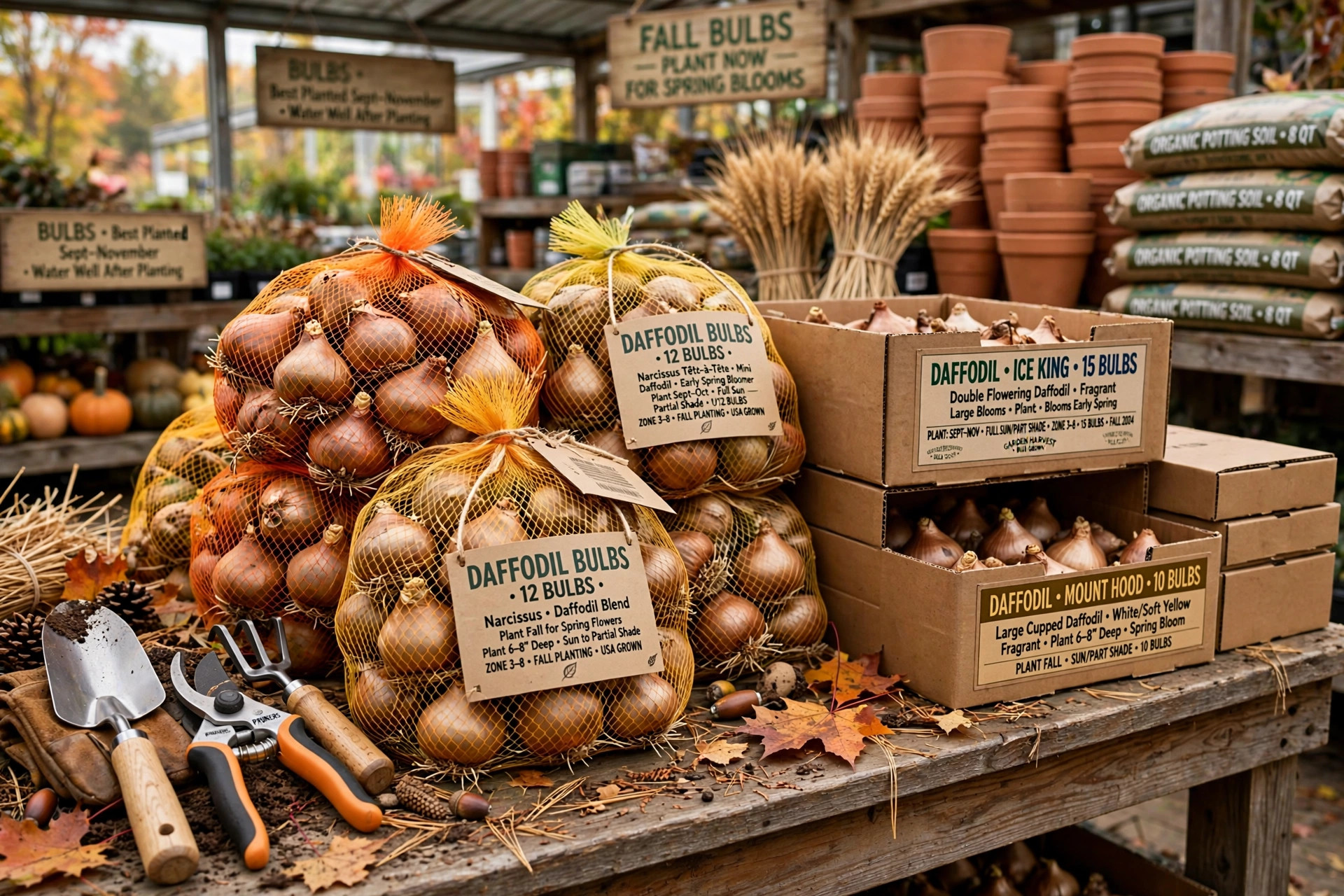 daffodil bulb packs deals near me: Daffodil bulb packs displayed at a garden center