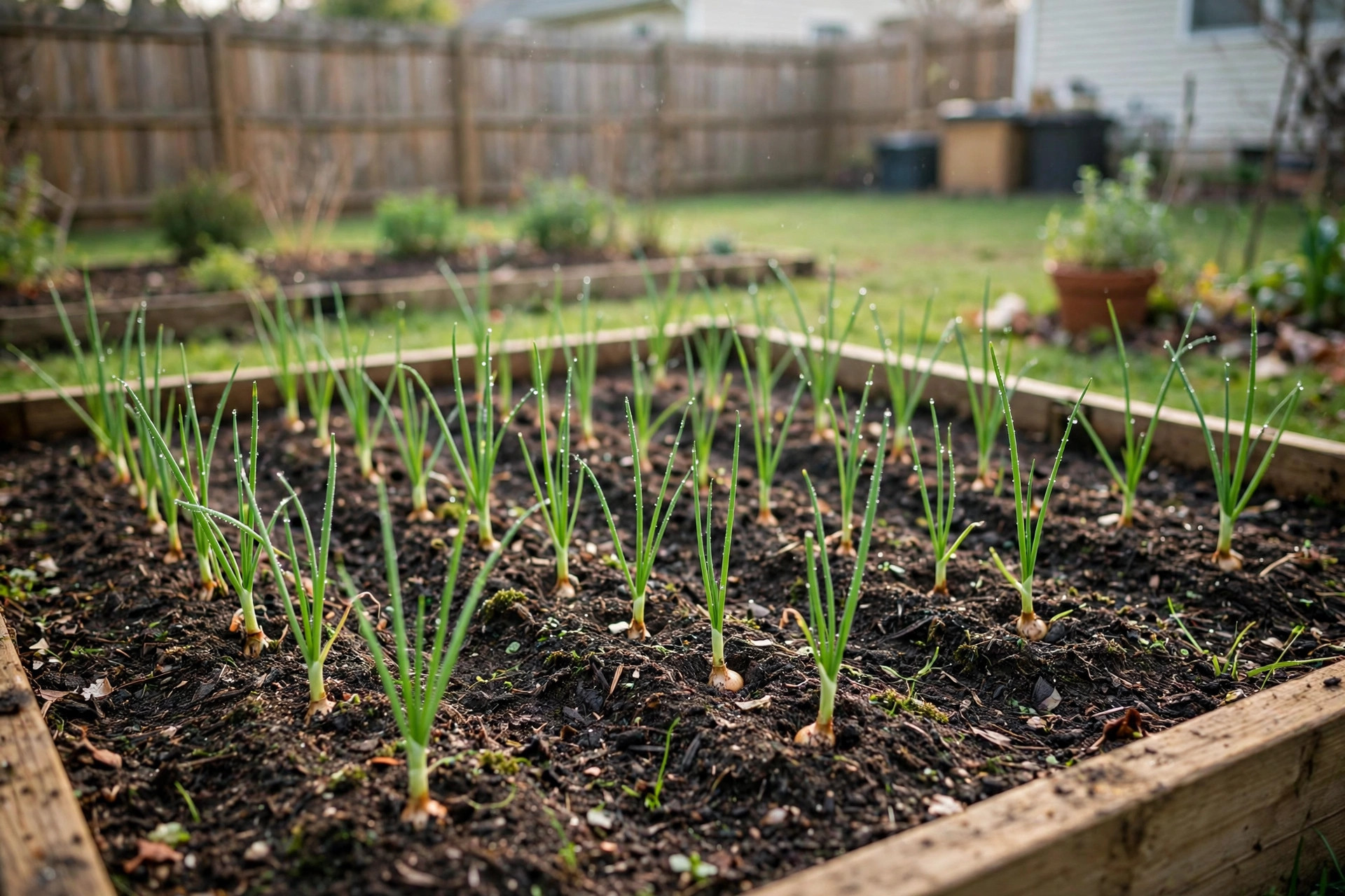 Garden bed with rows of young onion sets for onion sets planting deals near me