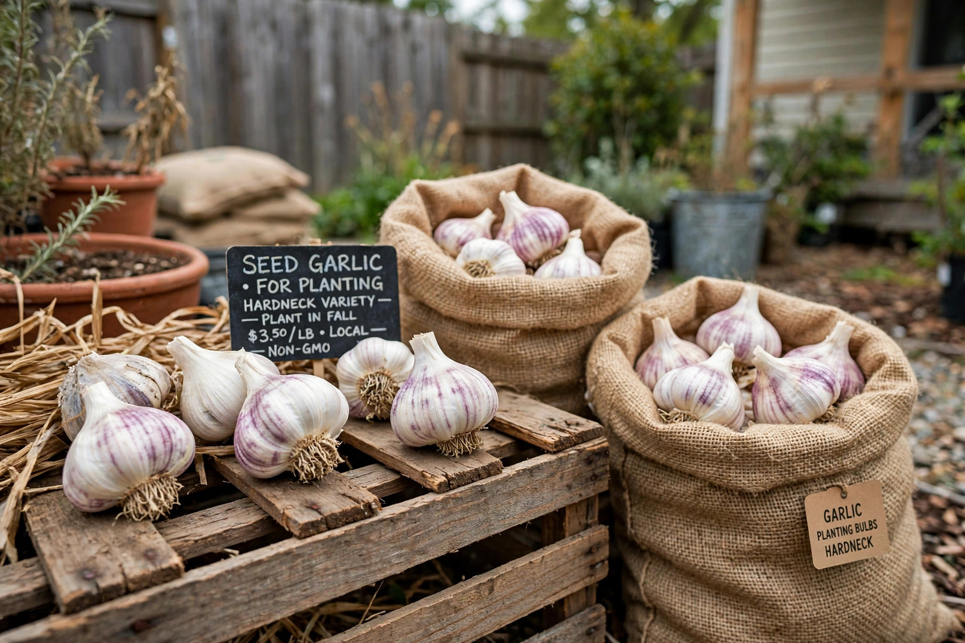 Garlic bulbs for planting laid out at a local garden center for garlic bulbs planting deals near me