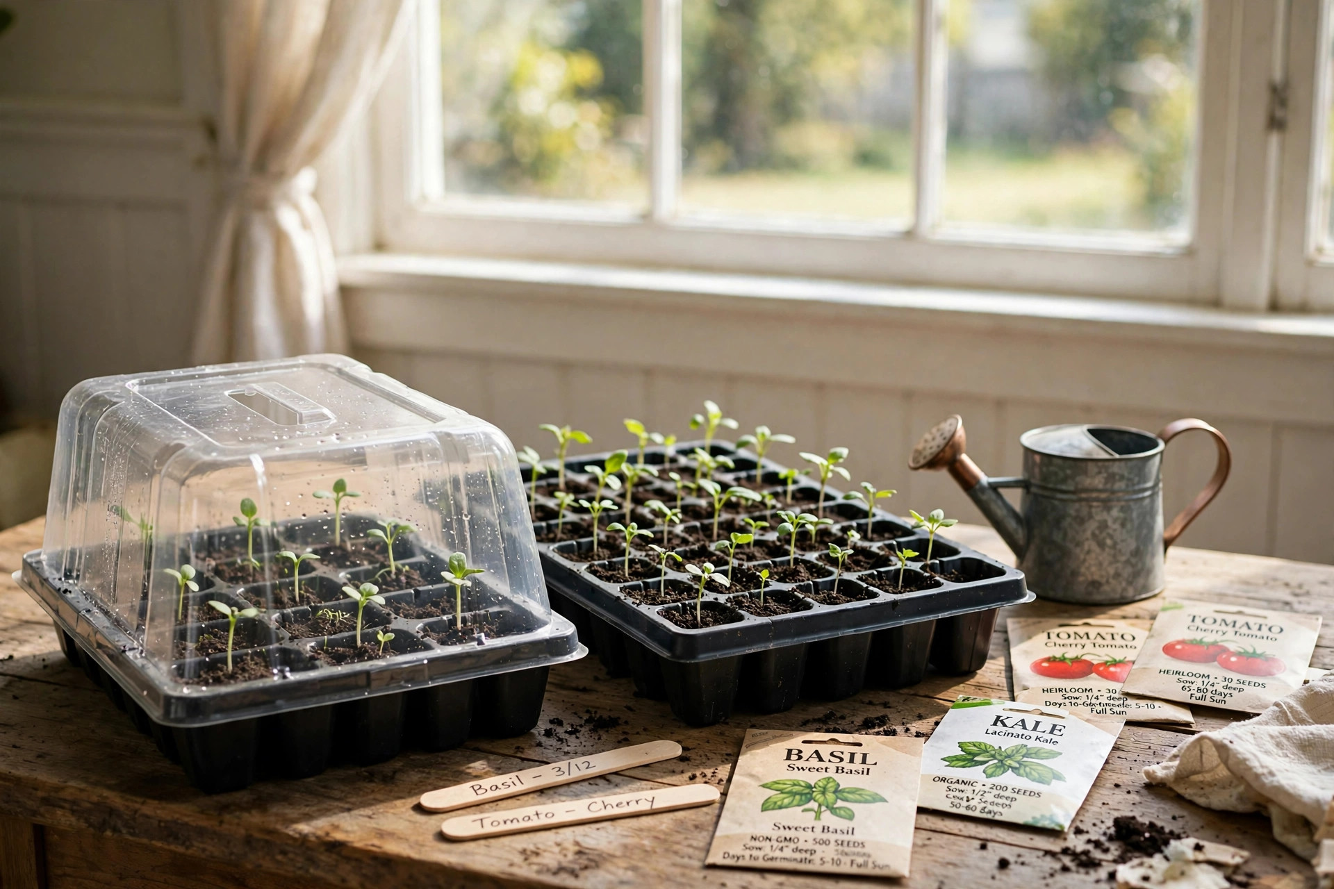 seed starting trays deals near me: Seed starting trays filled with young seedlings in a bright home garden room