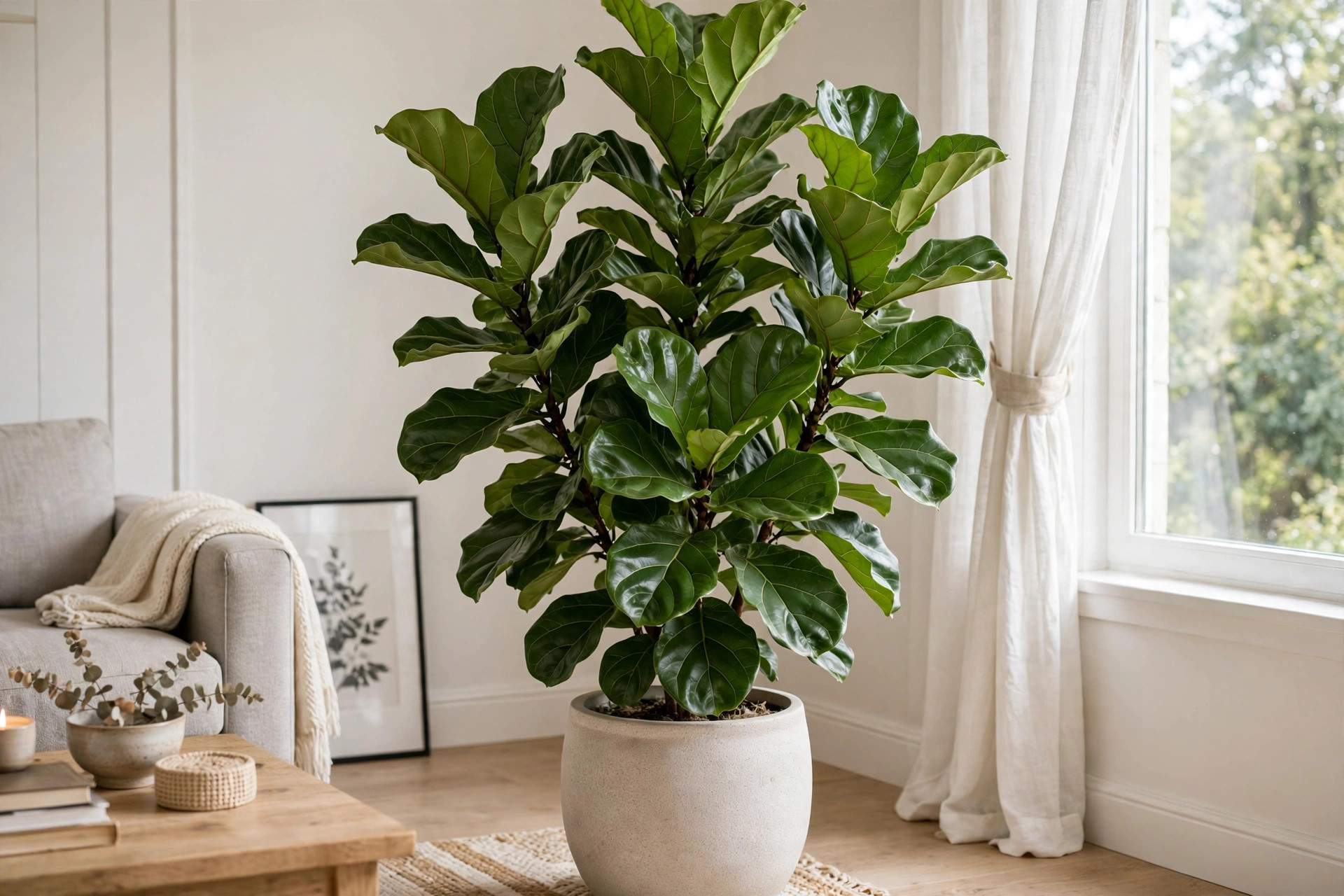 fiddle leaf figs deals near me: Fiddle leaf fig tree with lush green leaves in a bright living room