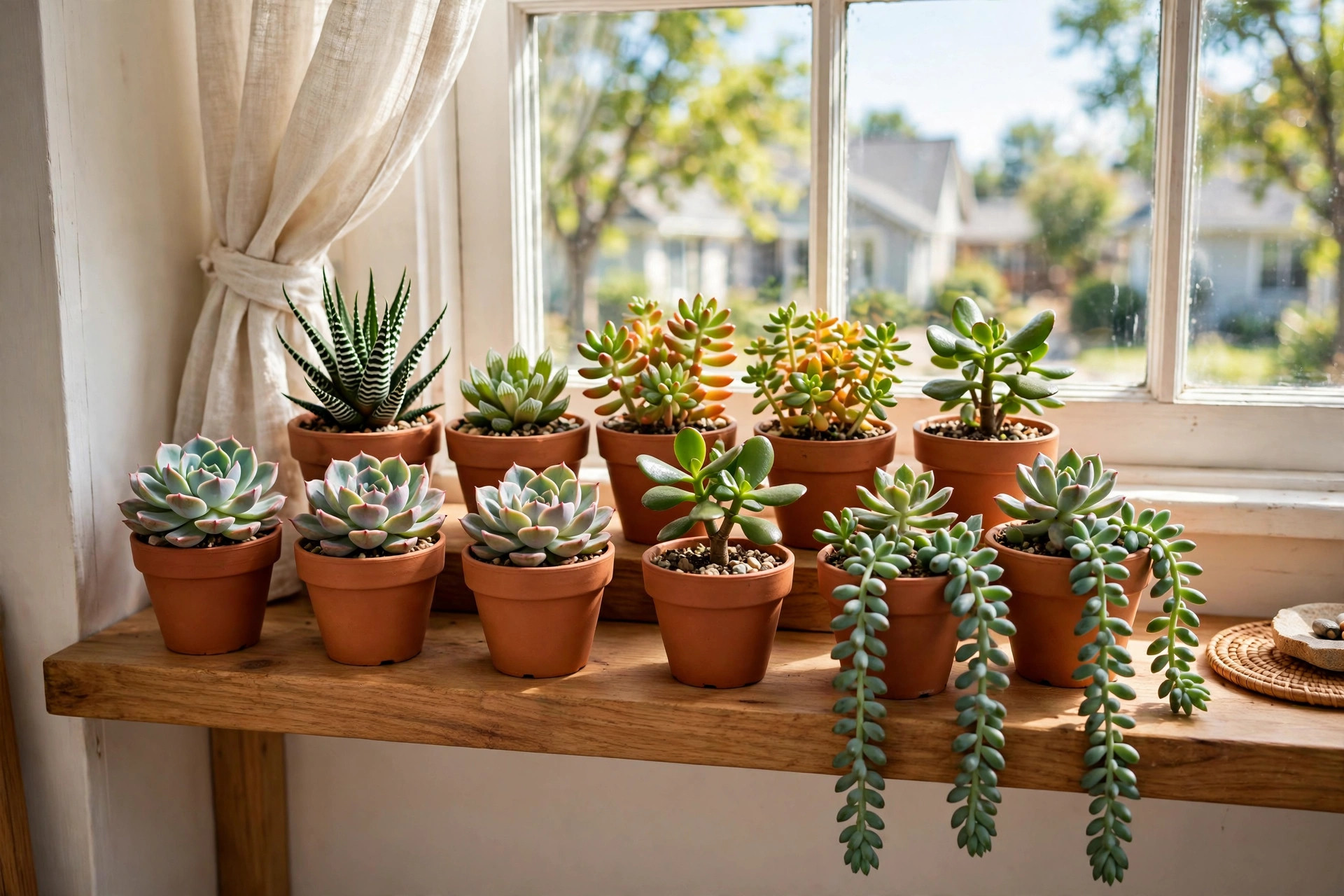 succulent variety packs deals near me: A variety pack of small succulents in tiny pots on a sunny windowsill