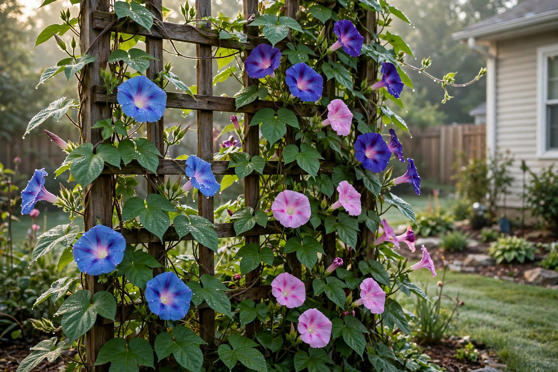 morning glory seeds reviews buying guide usa: Morning glory vines in bloom on a garden trellis