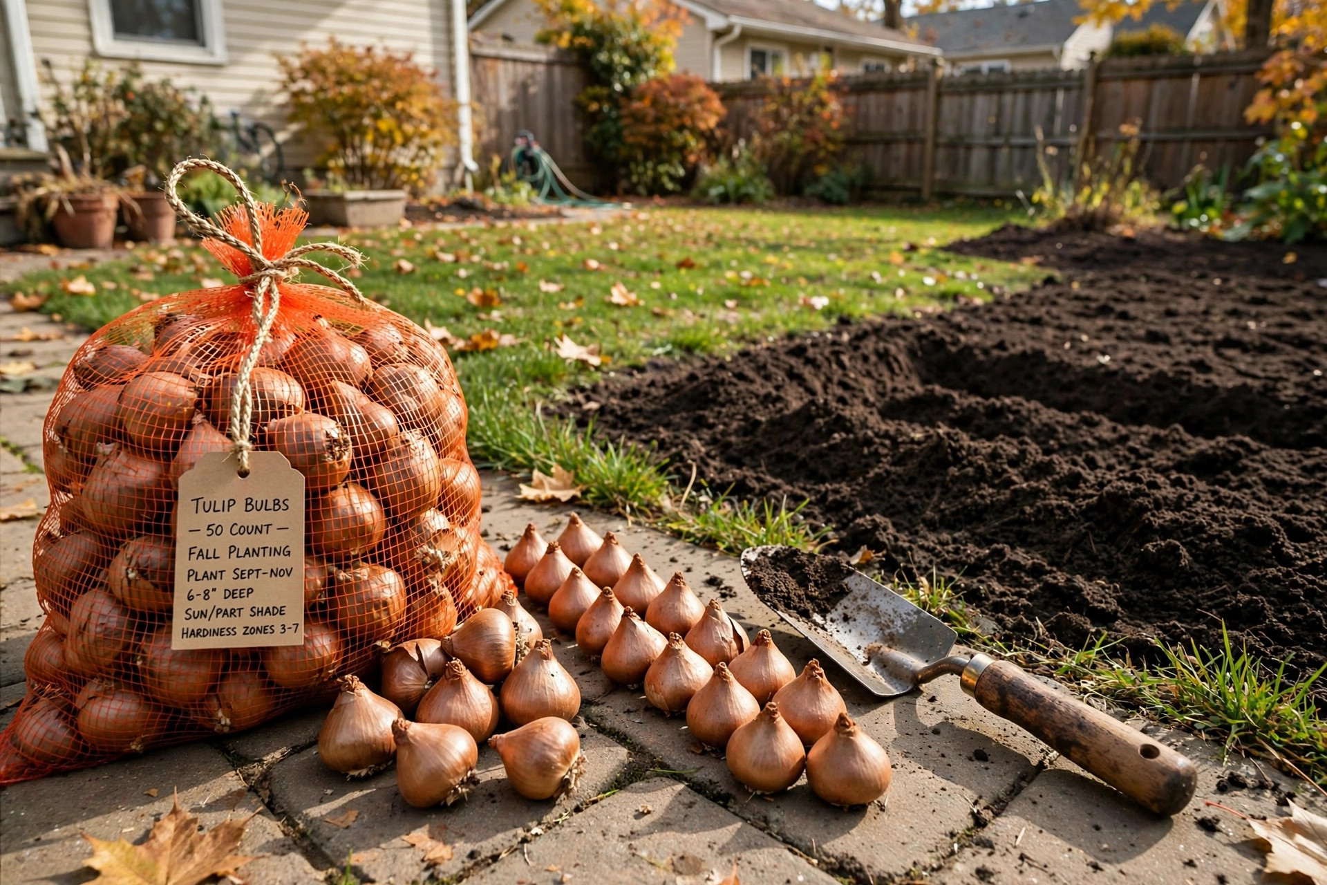 tulip bulbs fall reviews buying guide usa: Tulip bulbs laid out beside a prepared garden bed for fall planting