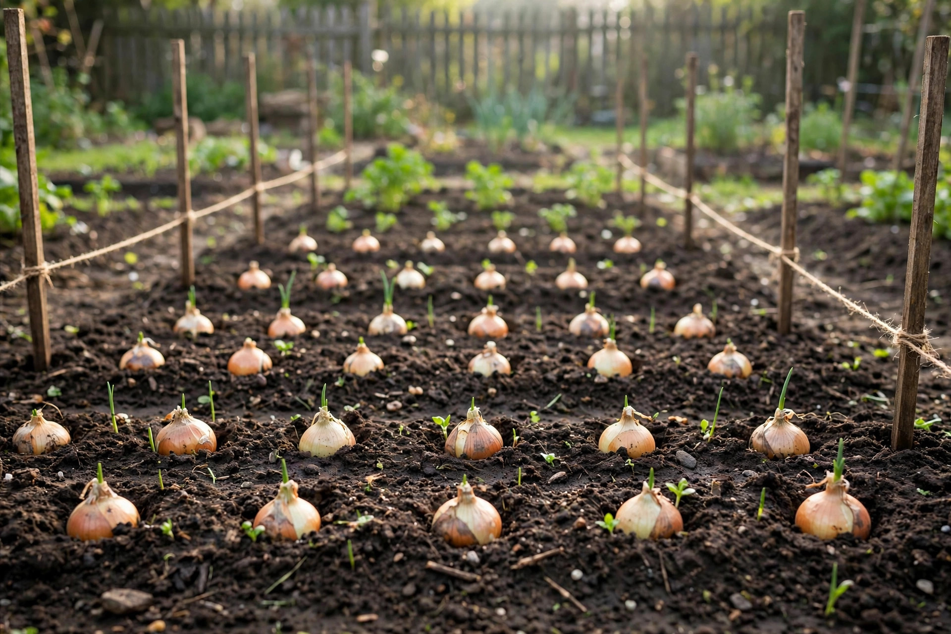 onion sets planting reviews buying guide usa: Onion sets planted in rows in a home vegetable garden