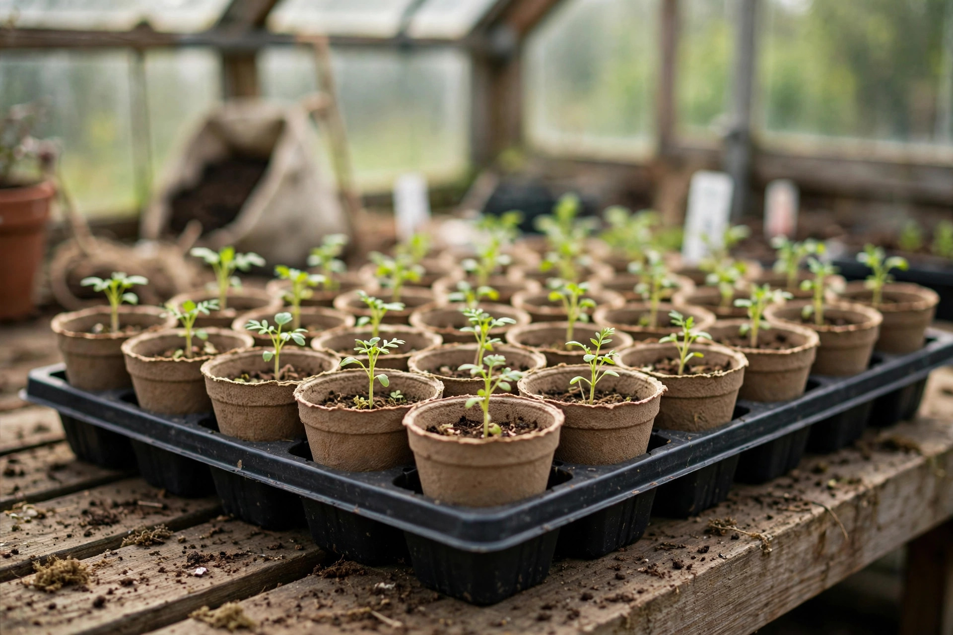 peat pots seedlings reviews buying guide usa: Peat pots with young seedlings on a wooden greenhouse bench