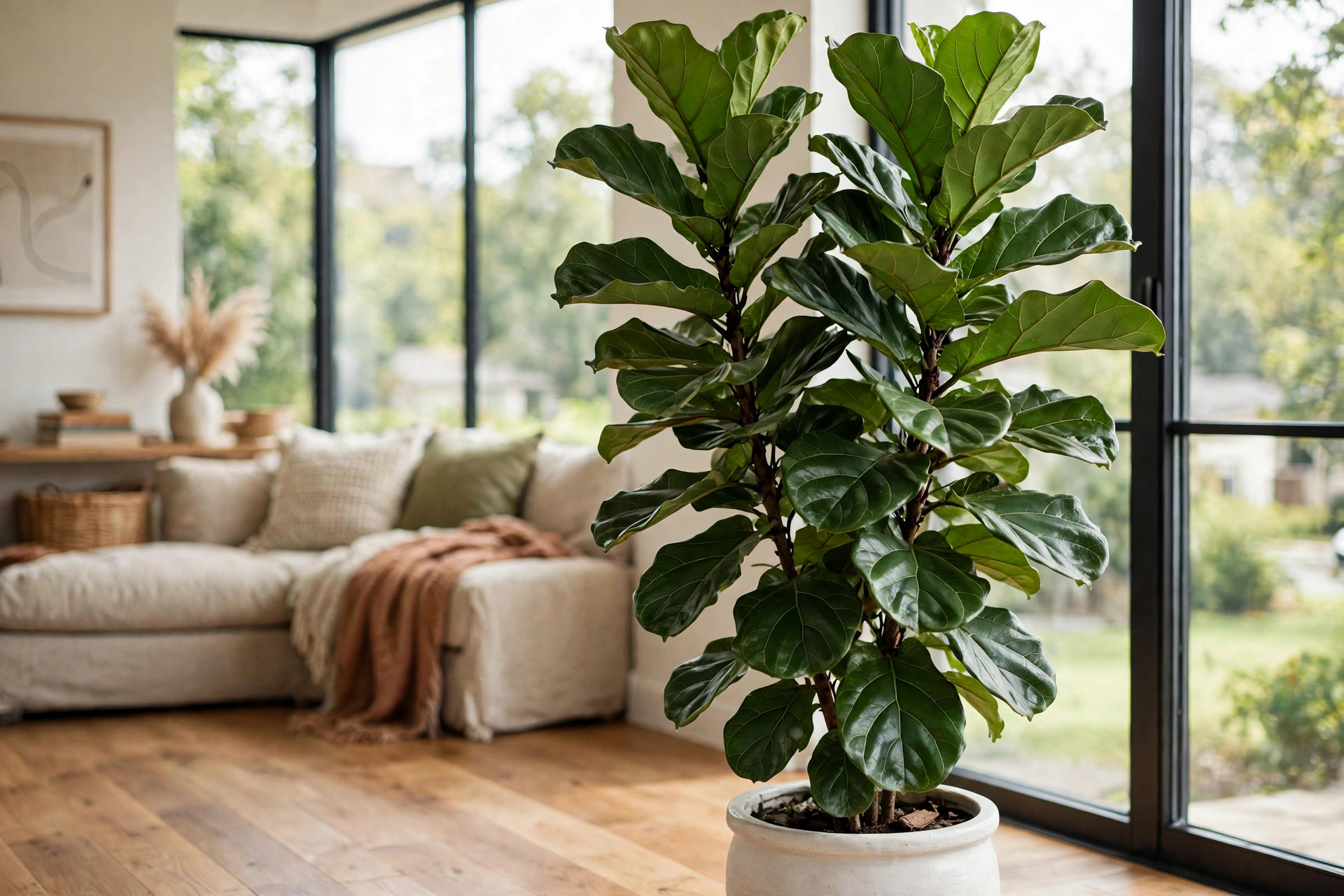 Fiddle leaf figs reviews buying guide usa: healthy indoor tree in a bright American living room