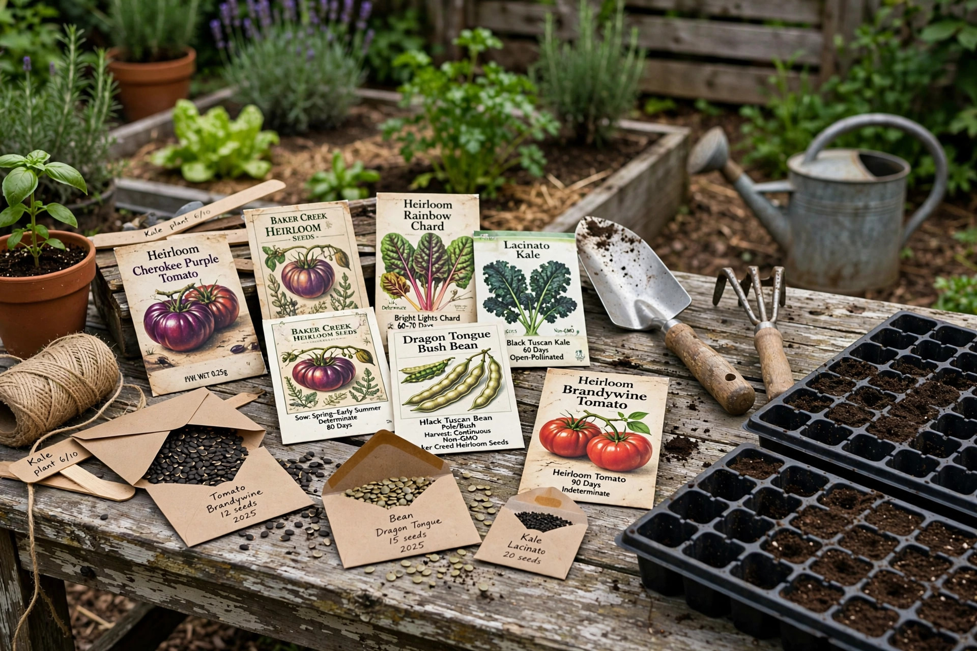 heirloom vegetable seeds where to buy usa: Heirloom vegetable seed packets and garden tools on a wooden table