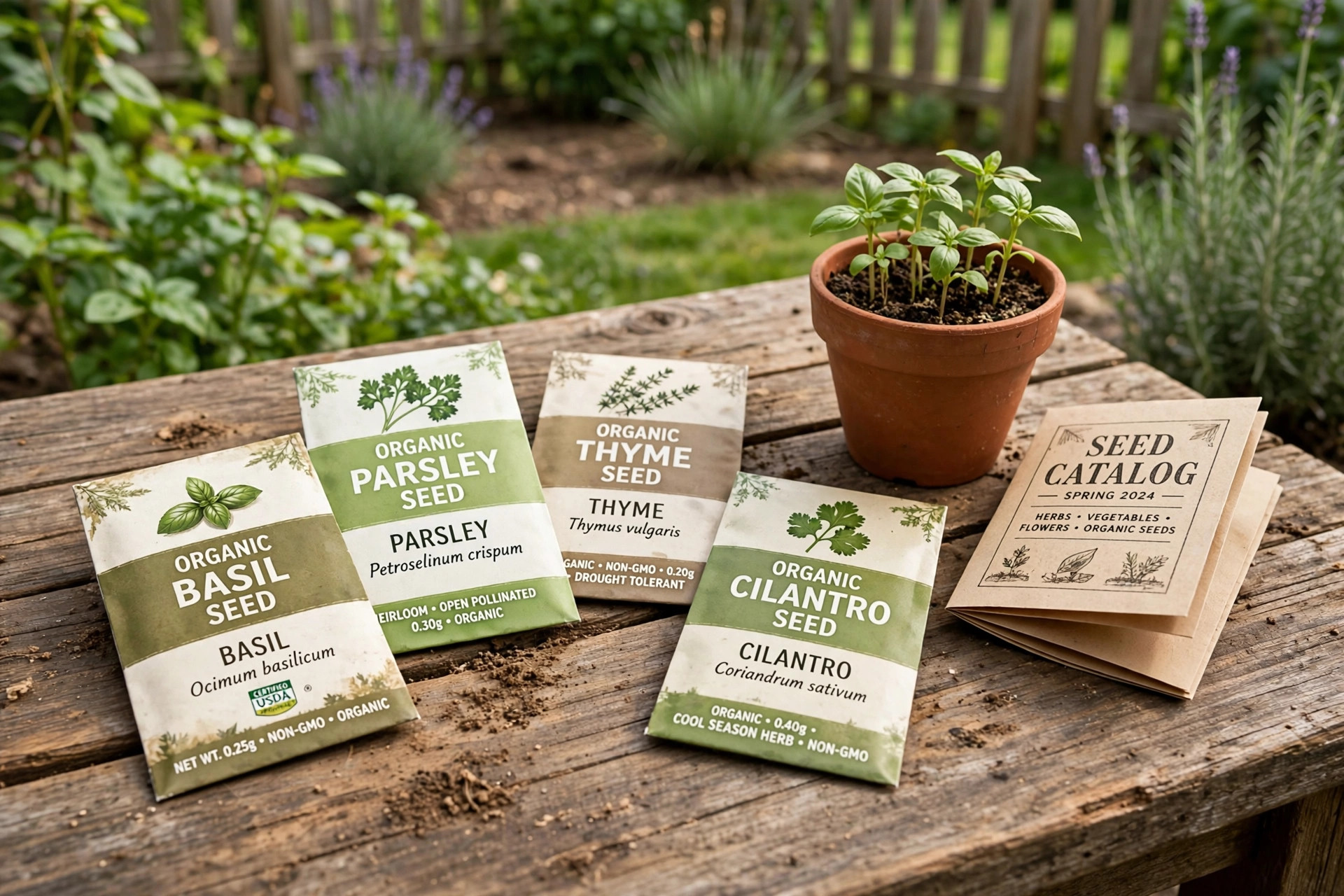 organic herb seeds where to buy usa: Packets of organic herb seeds with the focus keyword on a wooden garden table