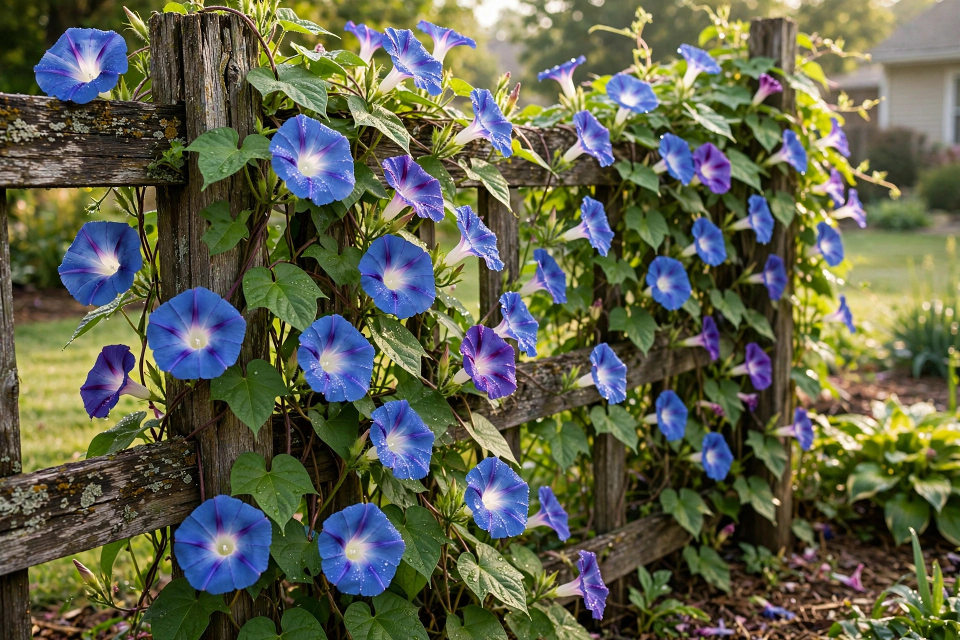 Morning glory seeds where to buy usa — blooming vines on a wooden fence