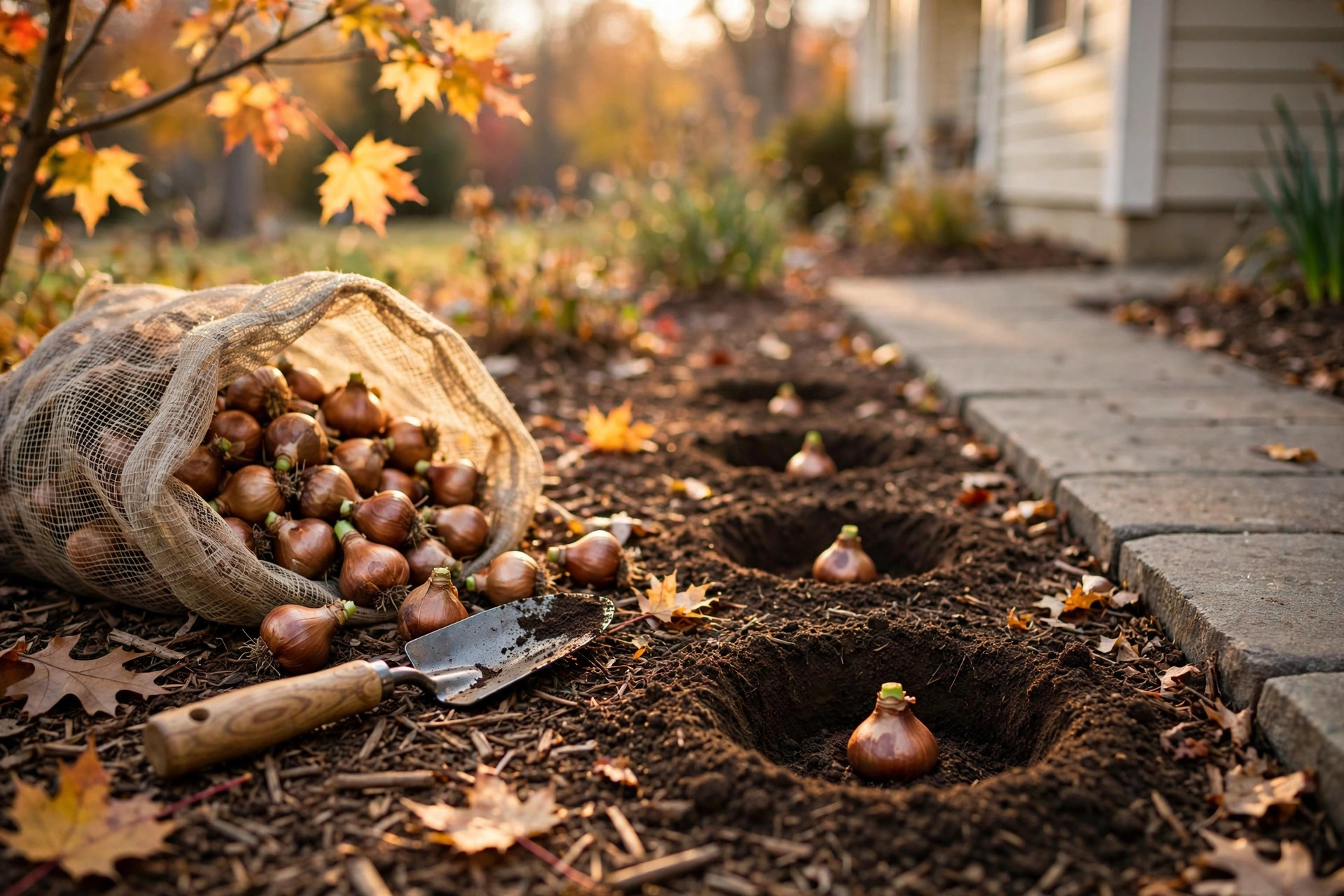 daffodil bulb packs where to buy usa: Daffodil bulb packs in a garden bed in an American yard