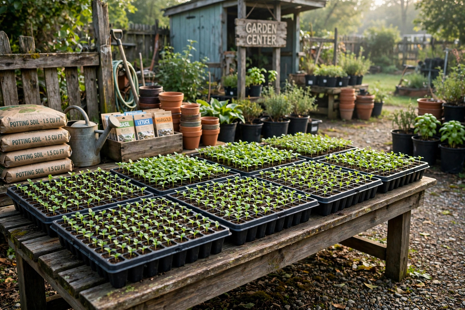 seed starting trays where to buy usa: Seed starting trays with young seedlings on a garden bench