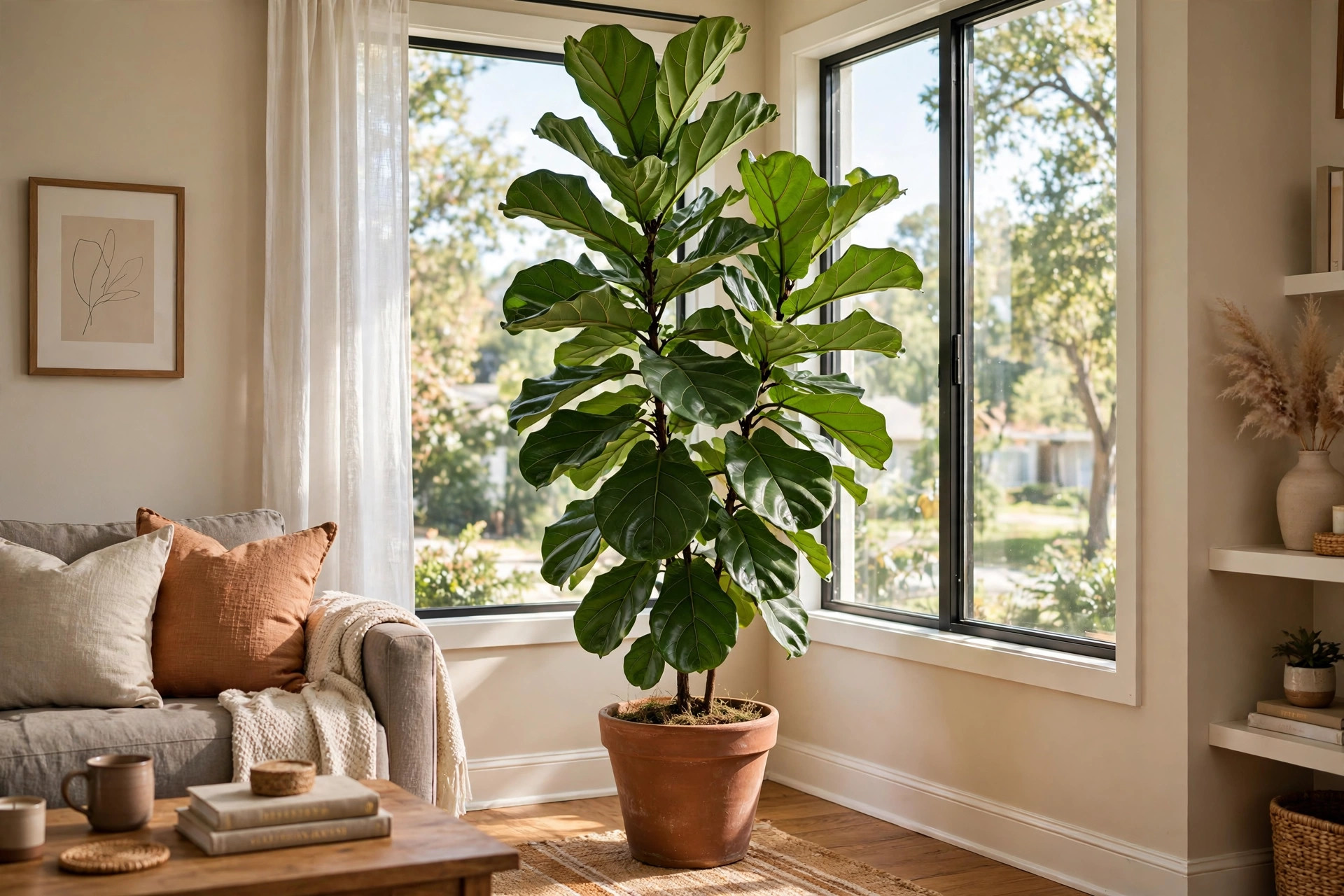 Fiddle leaf fig tree in a bright American living room, fiddle leaf figs where to buy usa