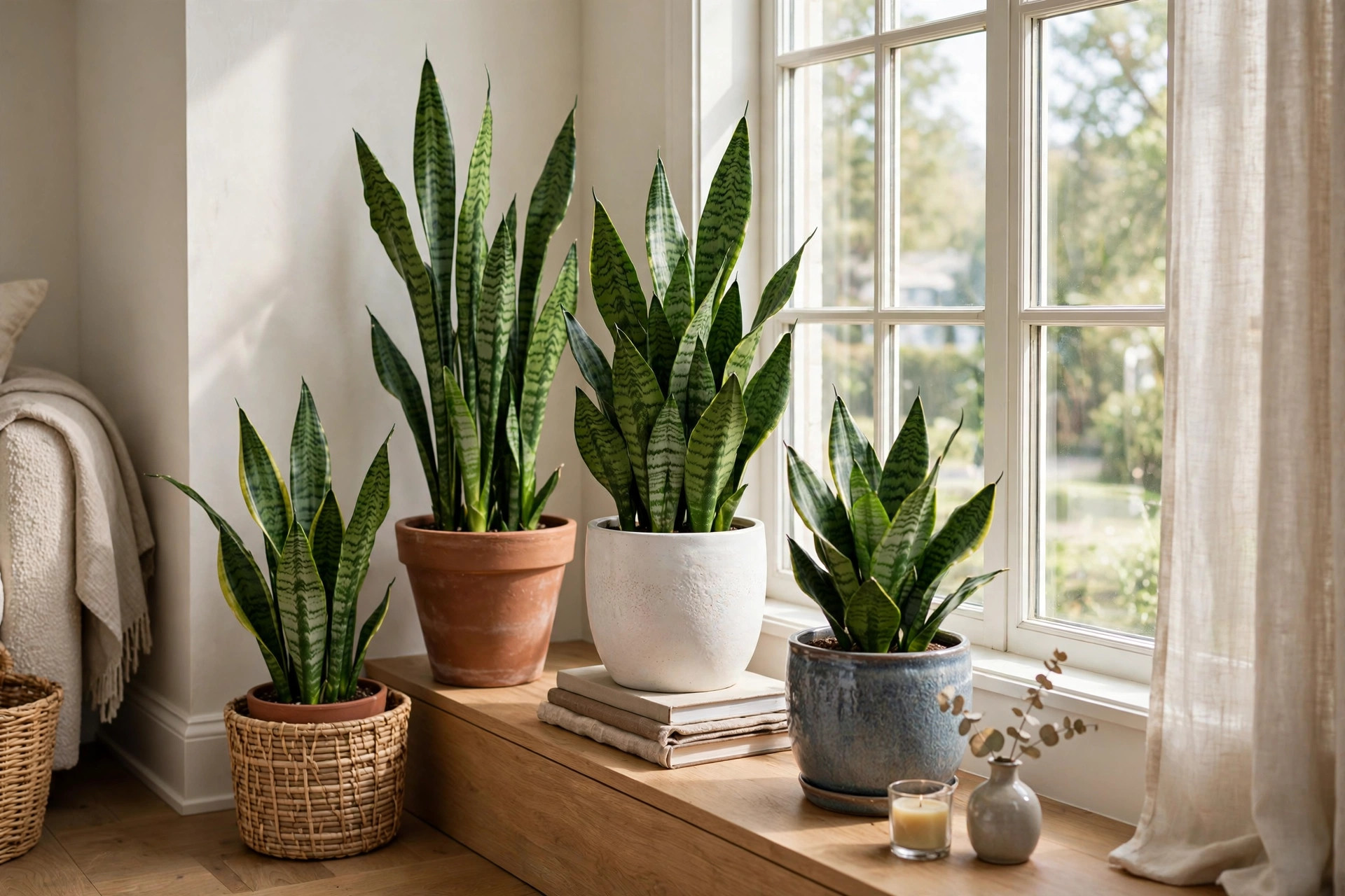 snake plants indoor where to buy usa: Snake plants indoor displayed in pots in a bright American home