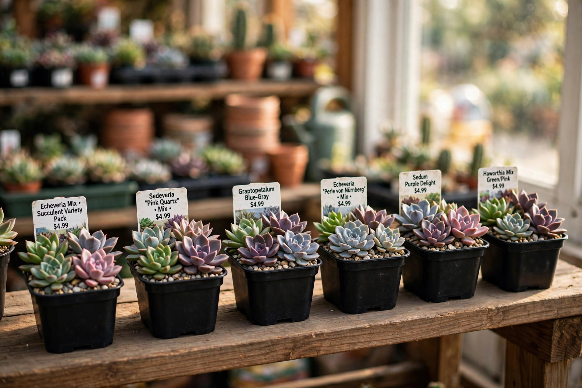 succulent variety packs where to buy usa: A collection of small succulent variety packs in plastic containers on a garden center shelf, with labels showing different species
