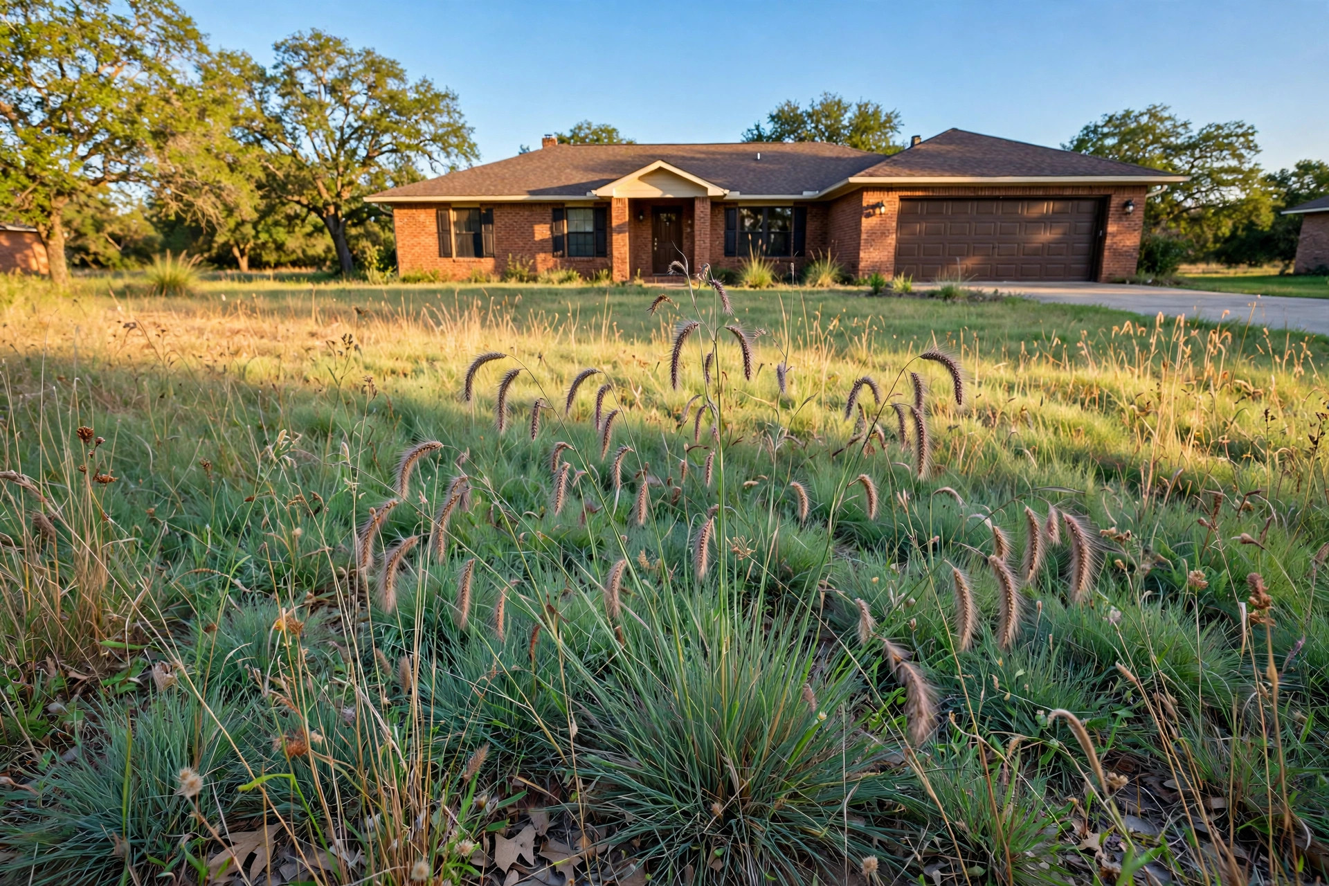 native grass seed texas homes usa: Native grass lawn growing around a Texas home