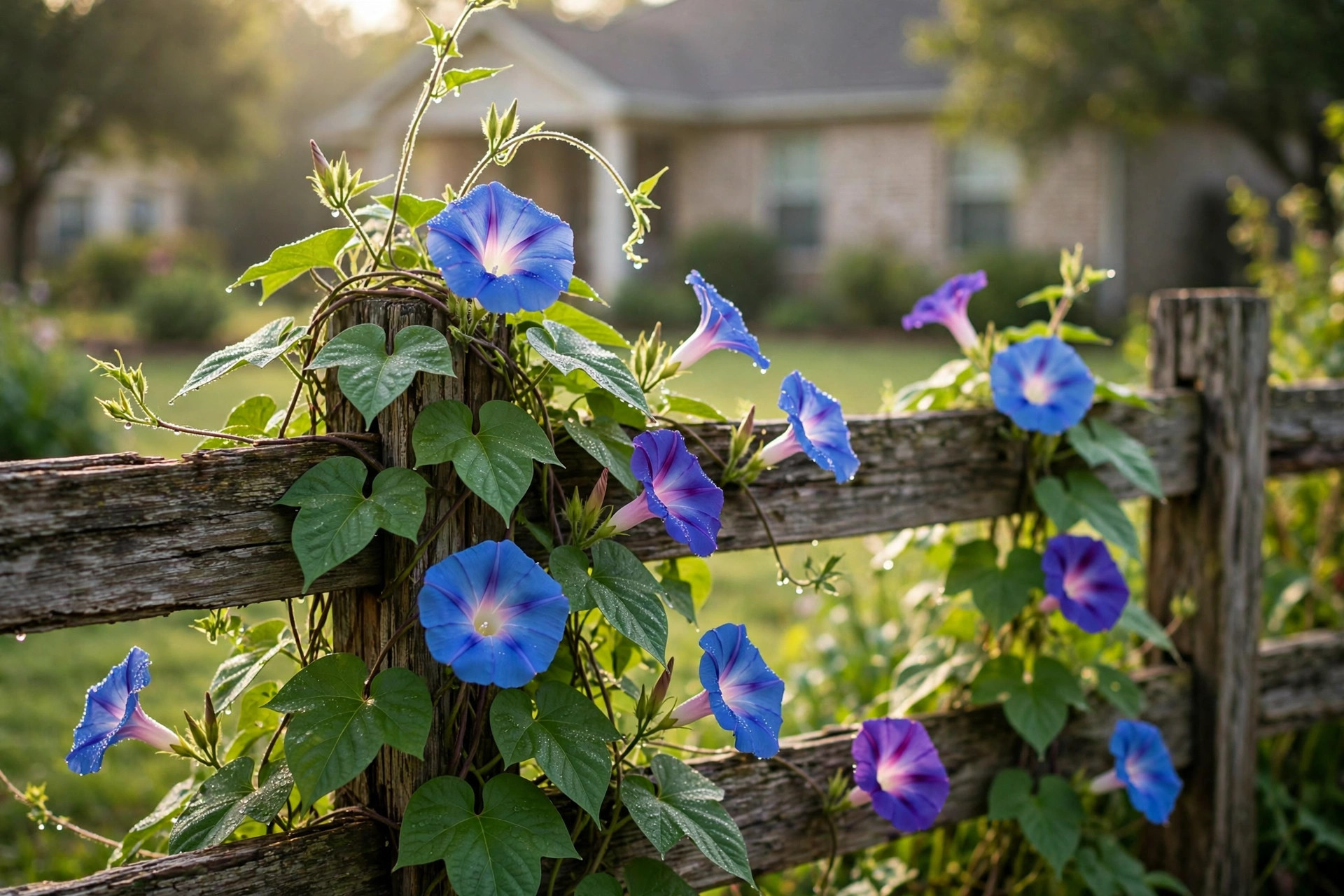 Morning glory flowers grown from morning glory seeds texas homes usa gardeners plant along a wooden fence
