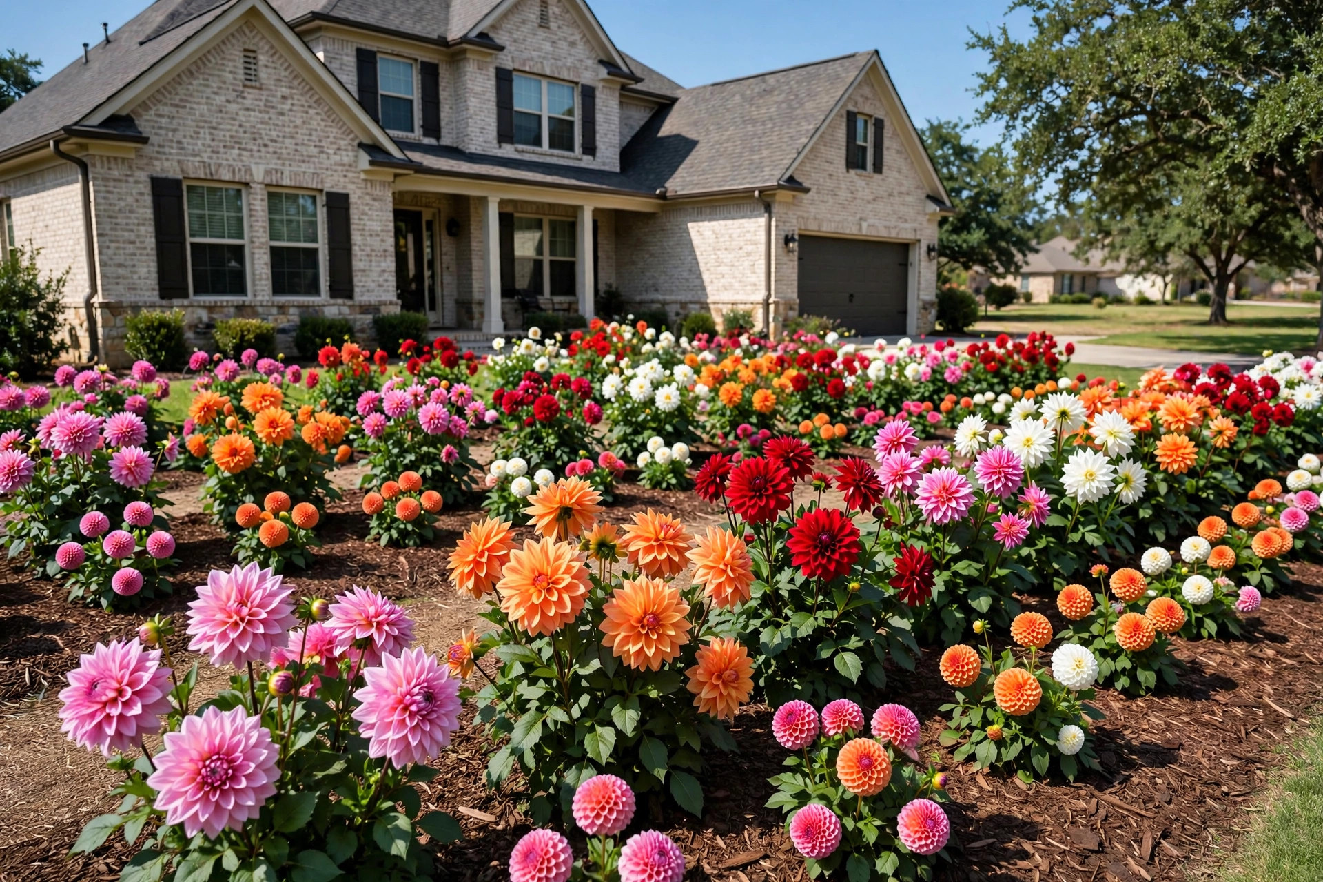 dahlia bulbs bulk texas homes usa: Dahlia flower bed in bloom in front of a Texas home