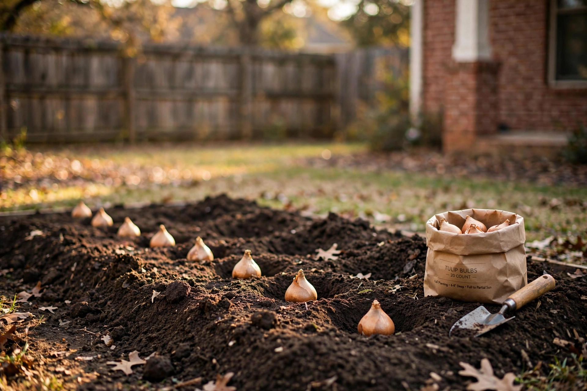 tulip bulbs fall texas homes usa: Tulip bulbs being planted in fall soil at a Texas home