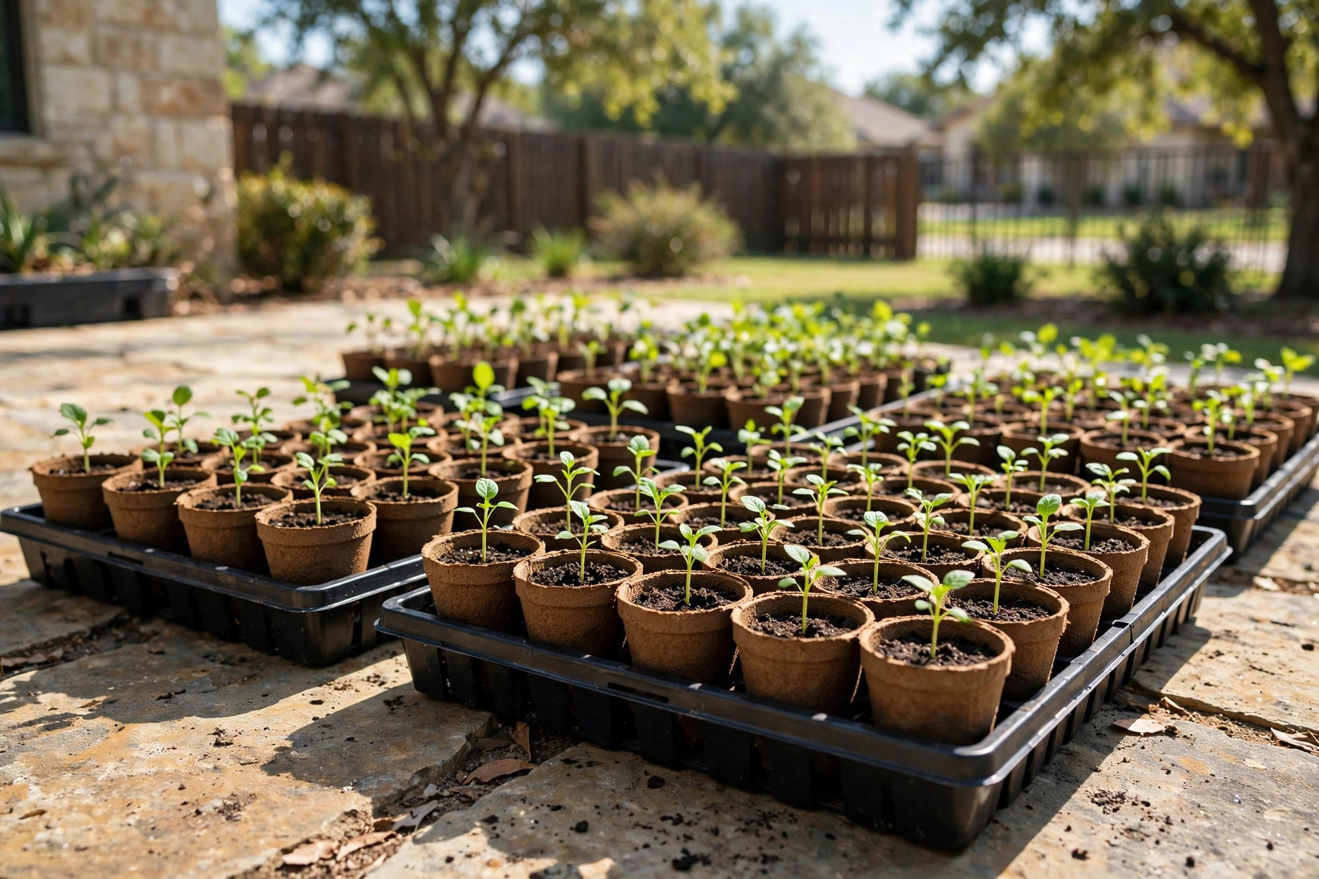 peat pots seedlings texas homes usa: Peat pots with young seedlings on a sunny Texas patio